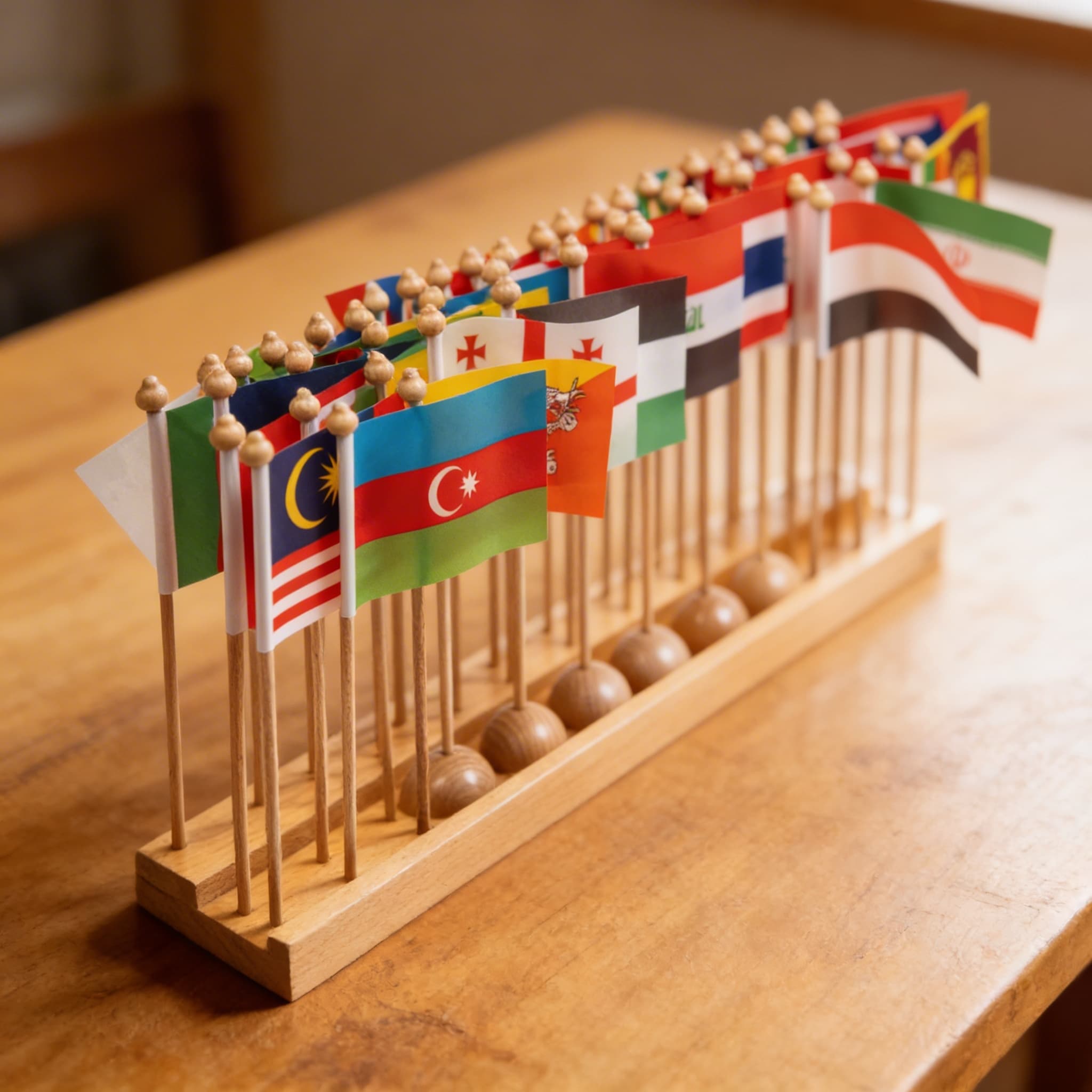 Stojan pro asijské vlajky — rozpoznávání zemí a umisťování — Detailní pohled