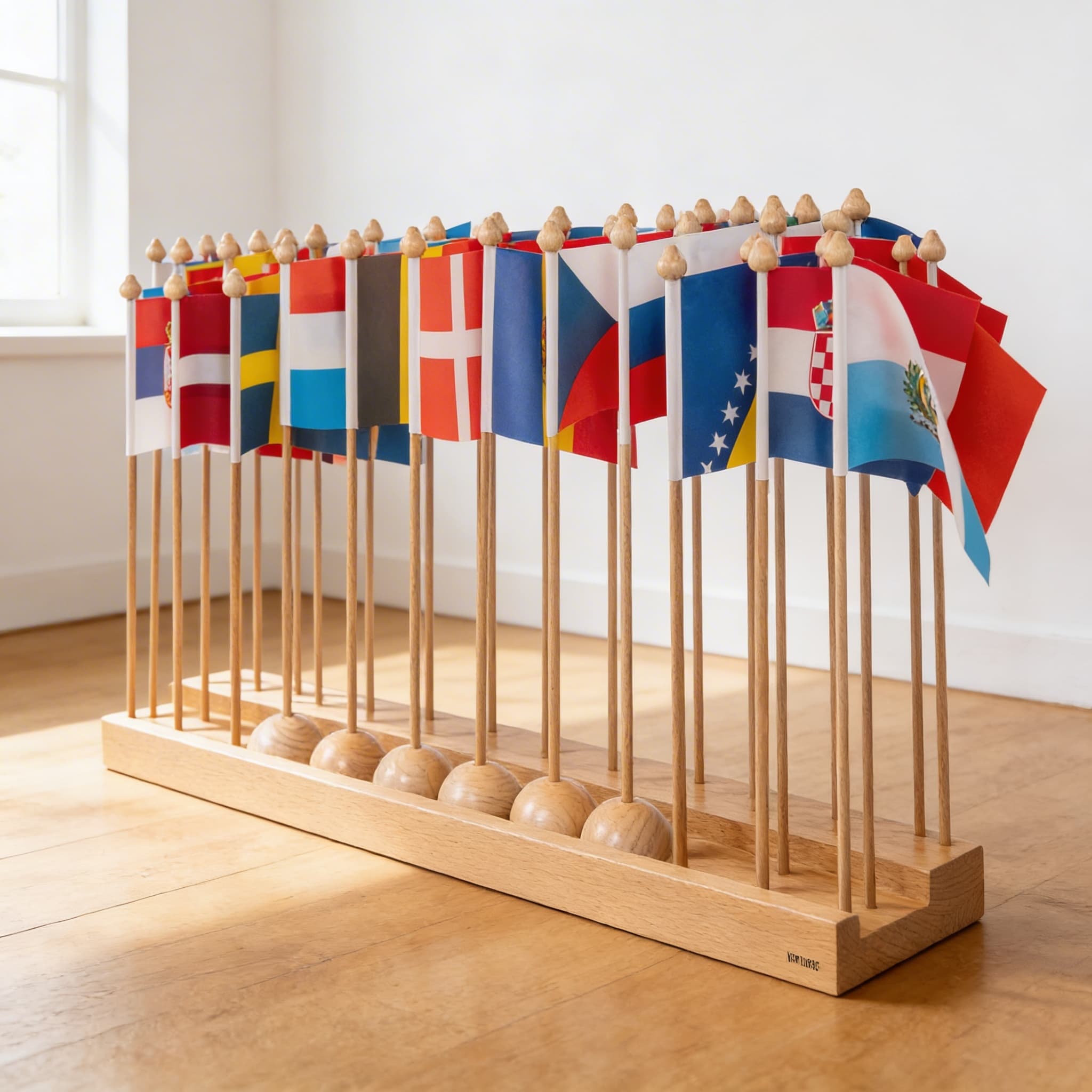 Stojan s vlajkami Evropy — dřevěný stojan pro evropskou geografii — Boční pohled