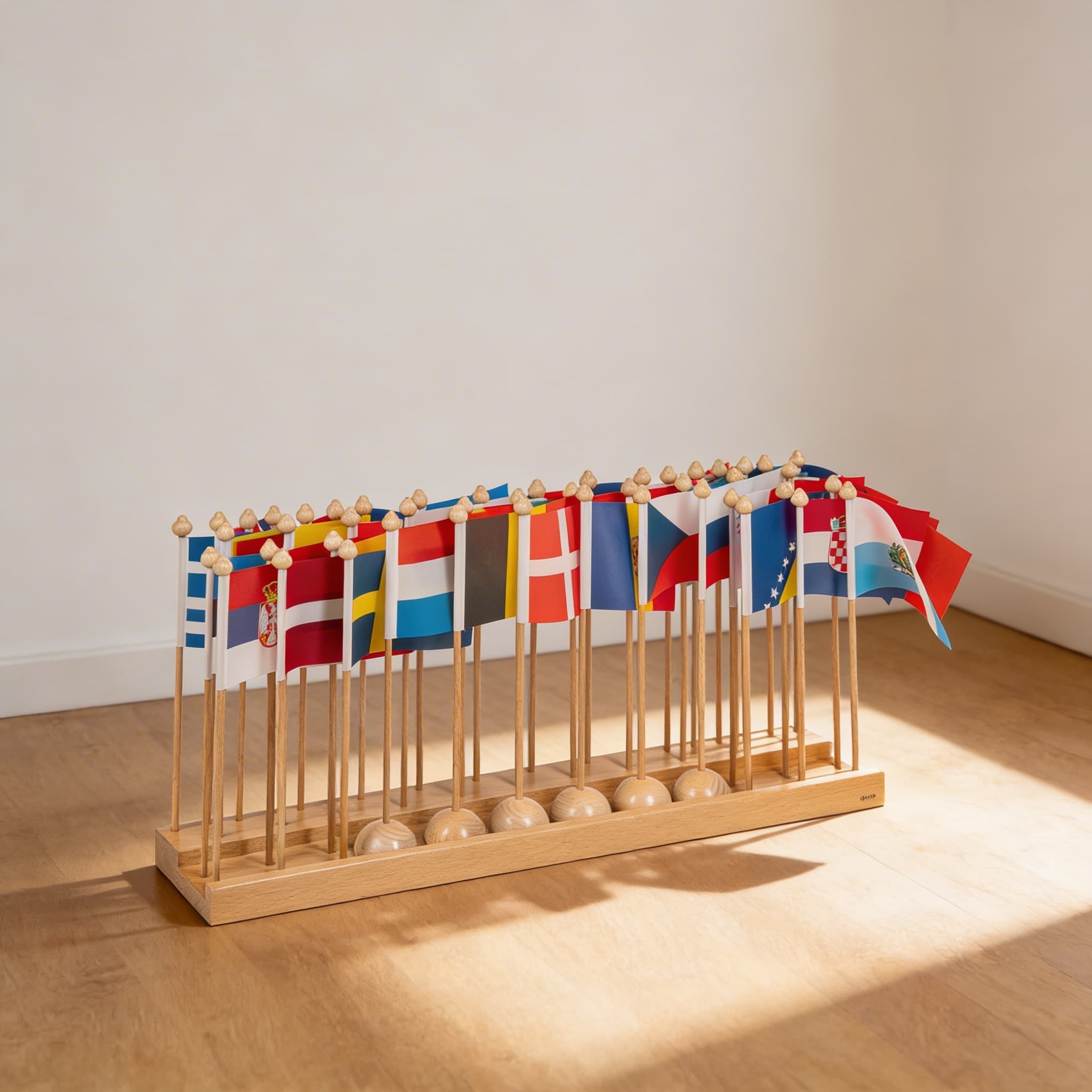 Stojan s vlajkami Evropy — dřevěný stojan pro evropskou geografii — Katalogový pohled