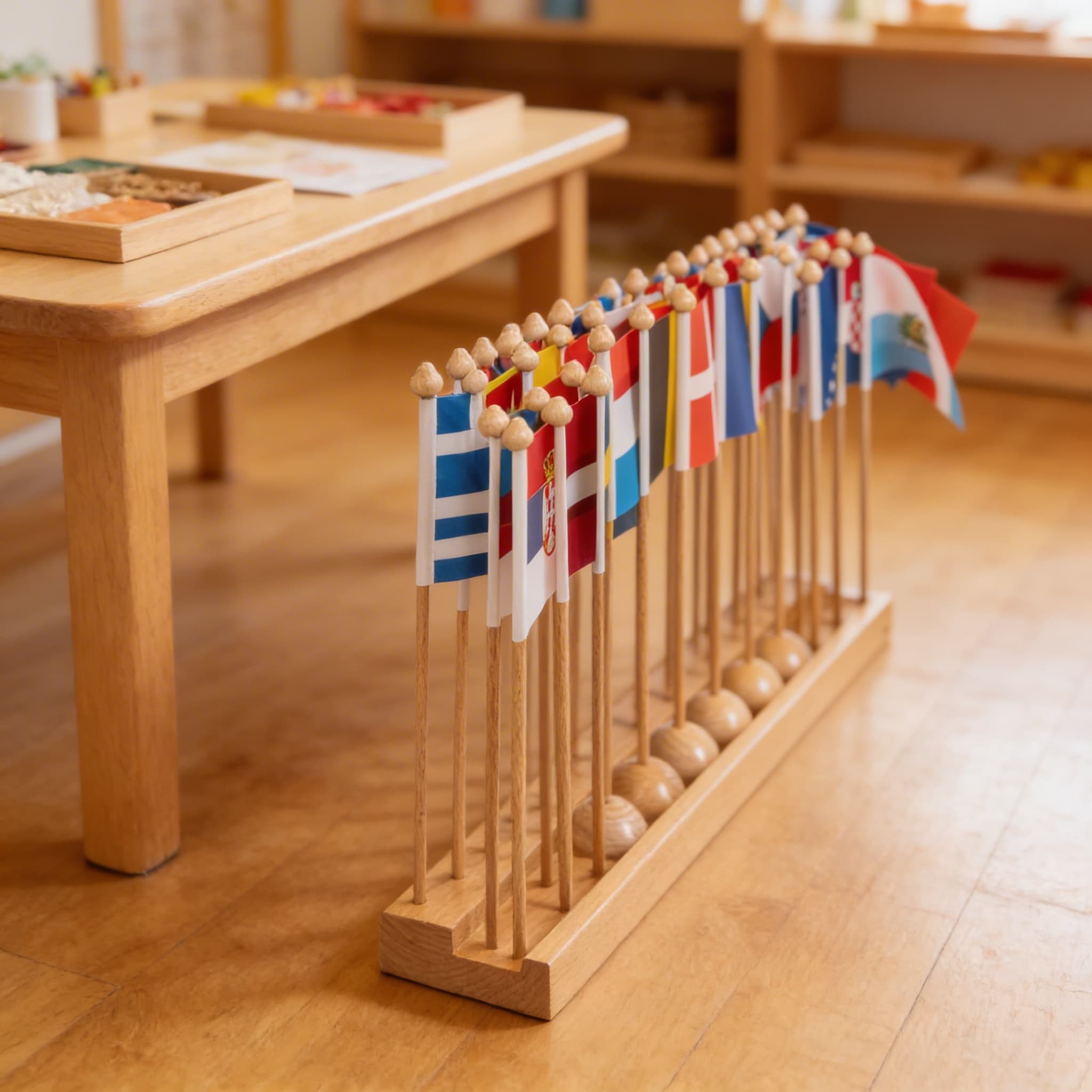Stojan s vlajkami Evropy — dřevěný stojan pro evropskou geografii — Detailní pohled