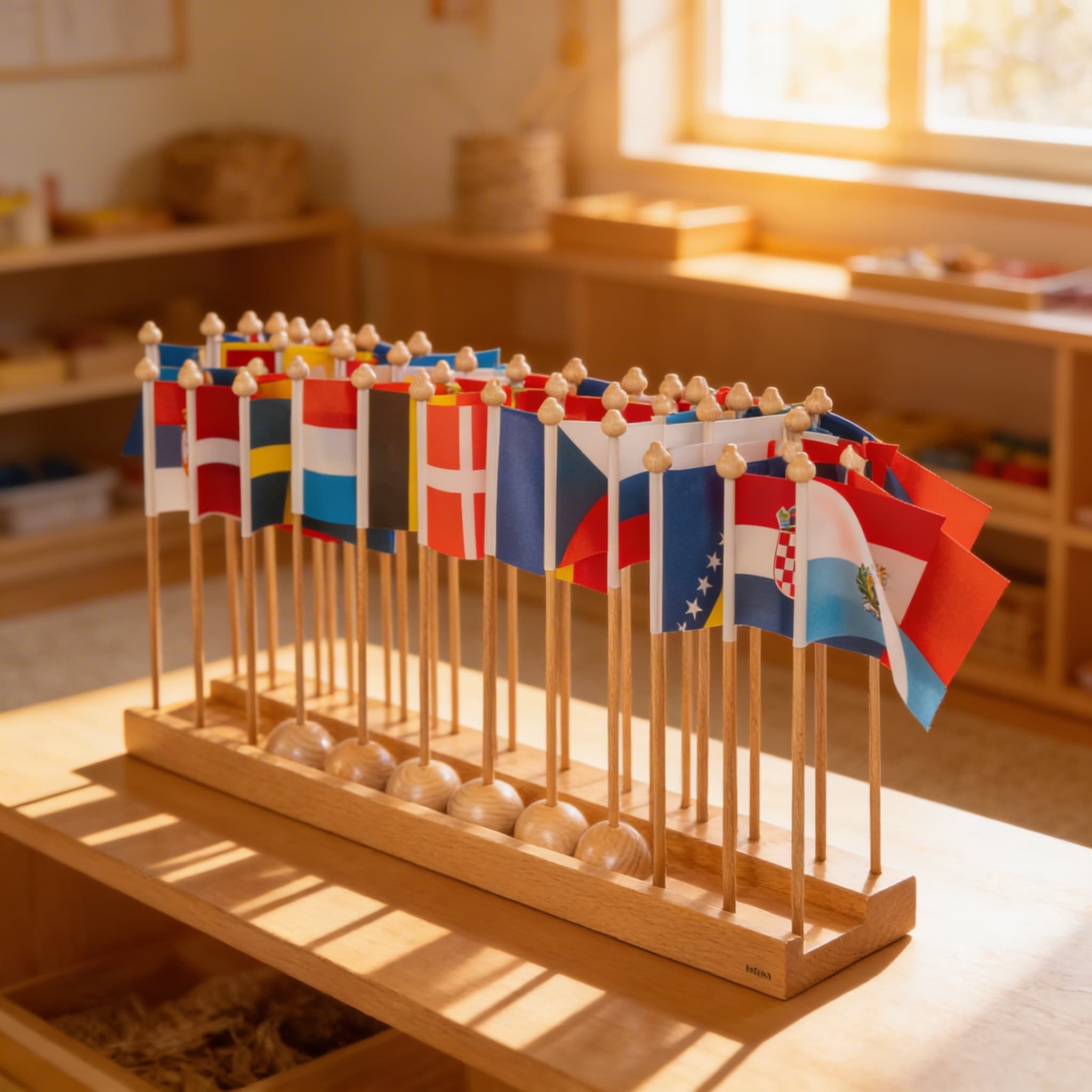 Stojan s vlajkami Evropy — dřevěný stojan pro evropskou geografii — Při použití