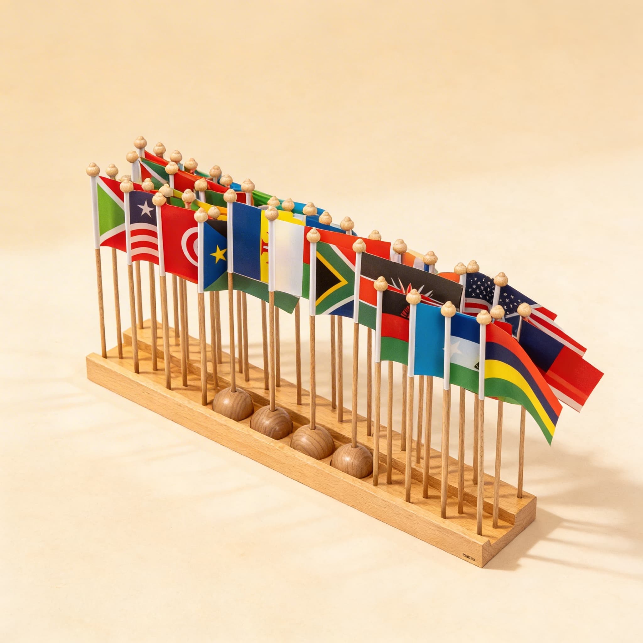 Stojan pro africké vlajky — rozpoznávání zemí a umisťování — Boční pohled