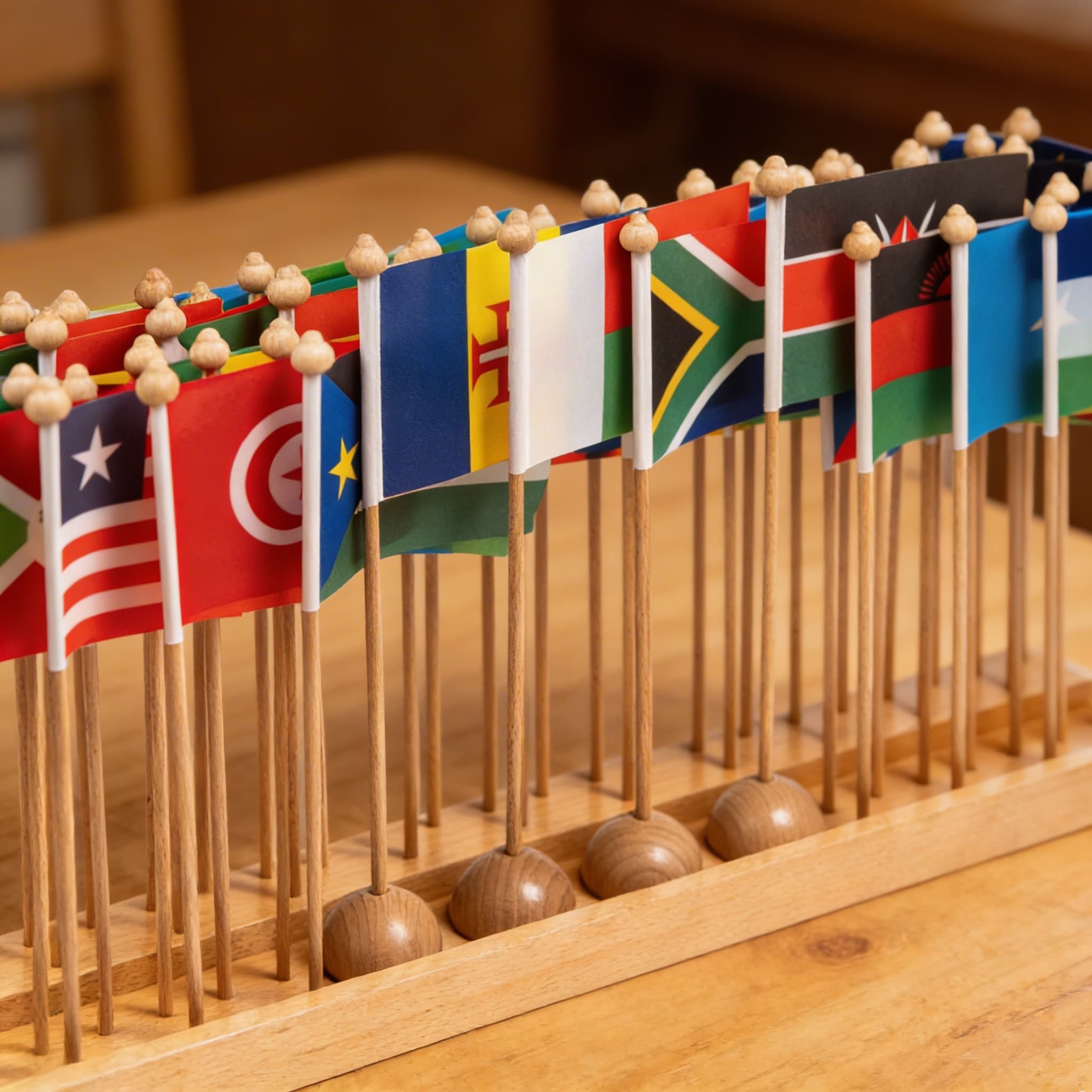 Stojan pro africké vlajky — rozpoznávání zemí a umisťování — Detailní pohled