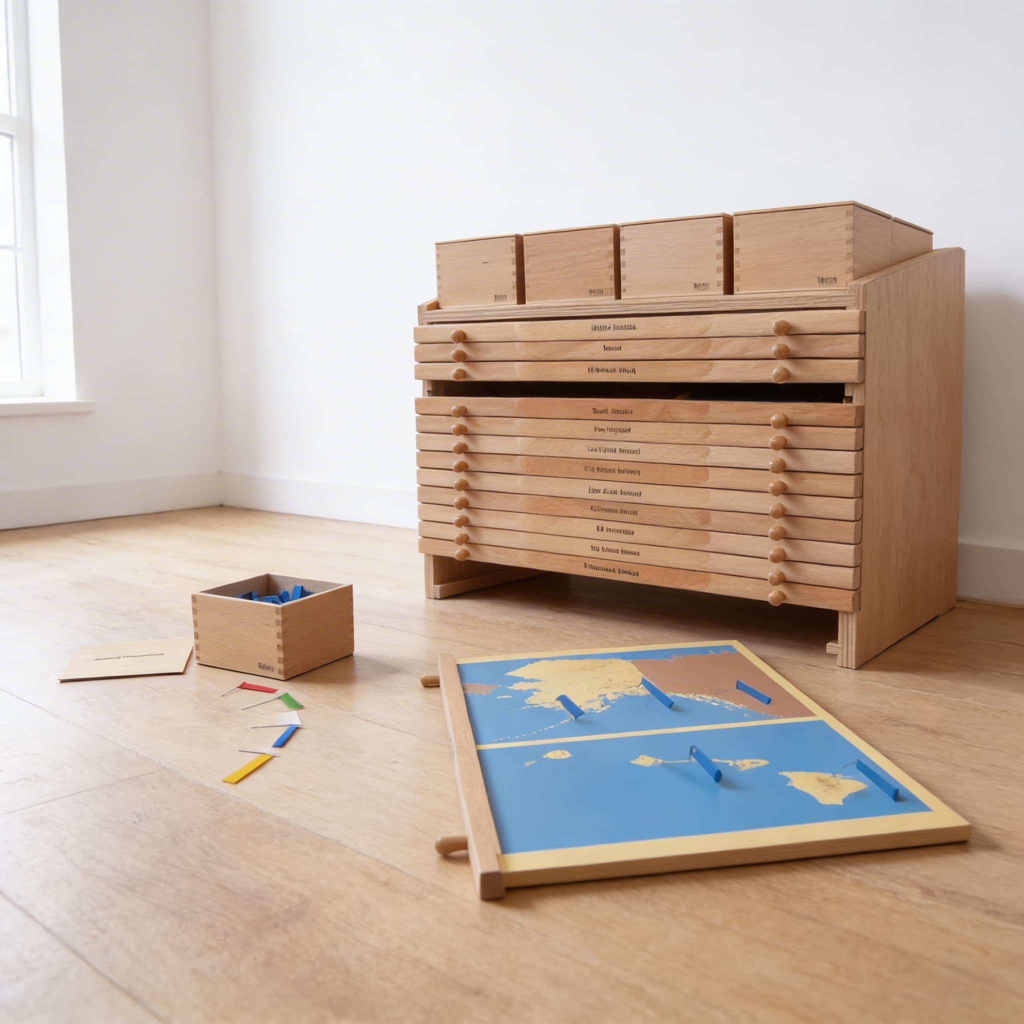 USA-Geografie-Schrank — Aufbewahrung für Puzzlekarte & Materialien — Seitenansicht