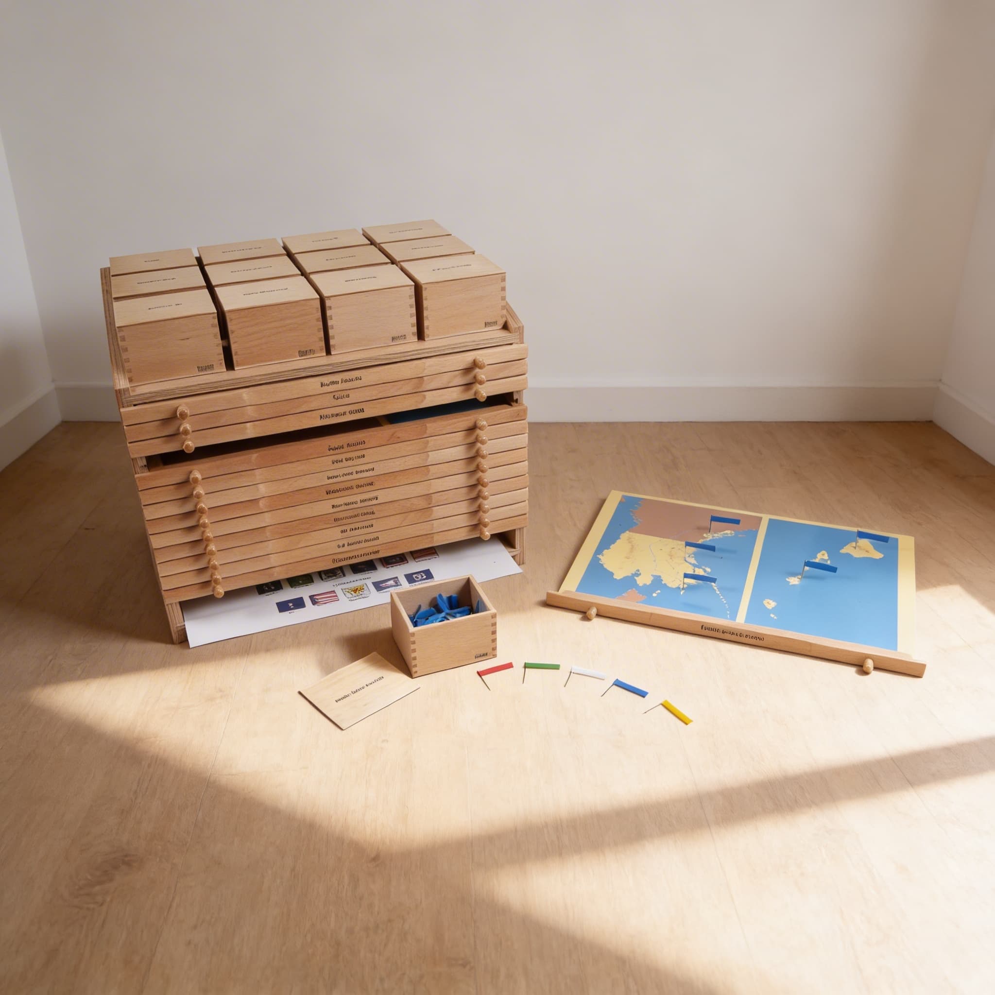 USA-Geografie-Schrank — Aufbewahrung für Puzzlekarte & Materialien — Katalogansicht