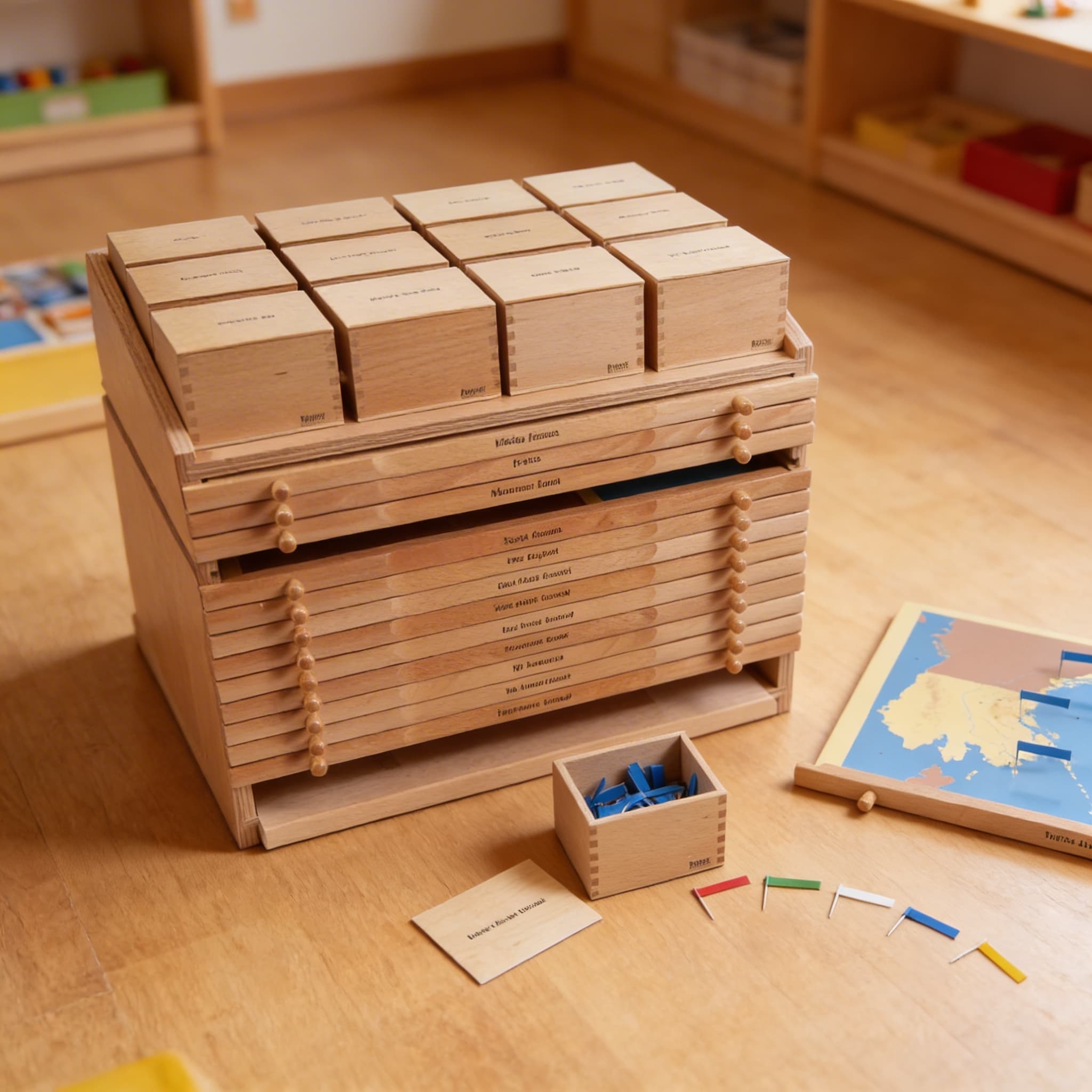 USA-Geografie-Schrank — Aufbewahrung für Puzzlekarte & Materialien — Detailansicht