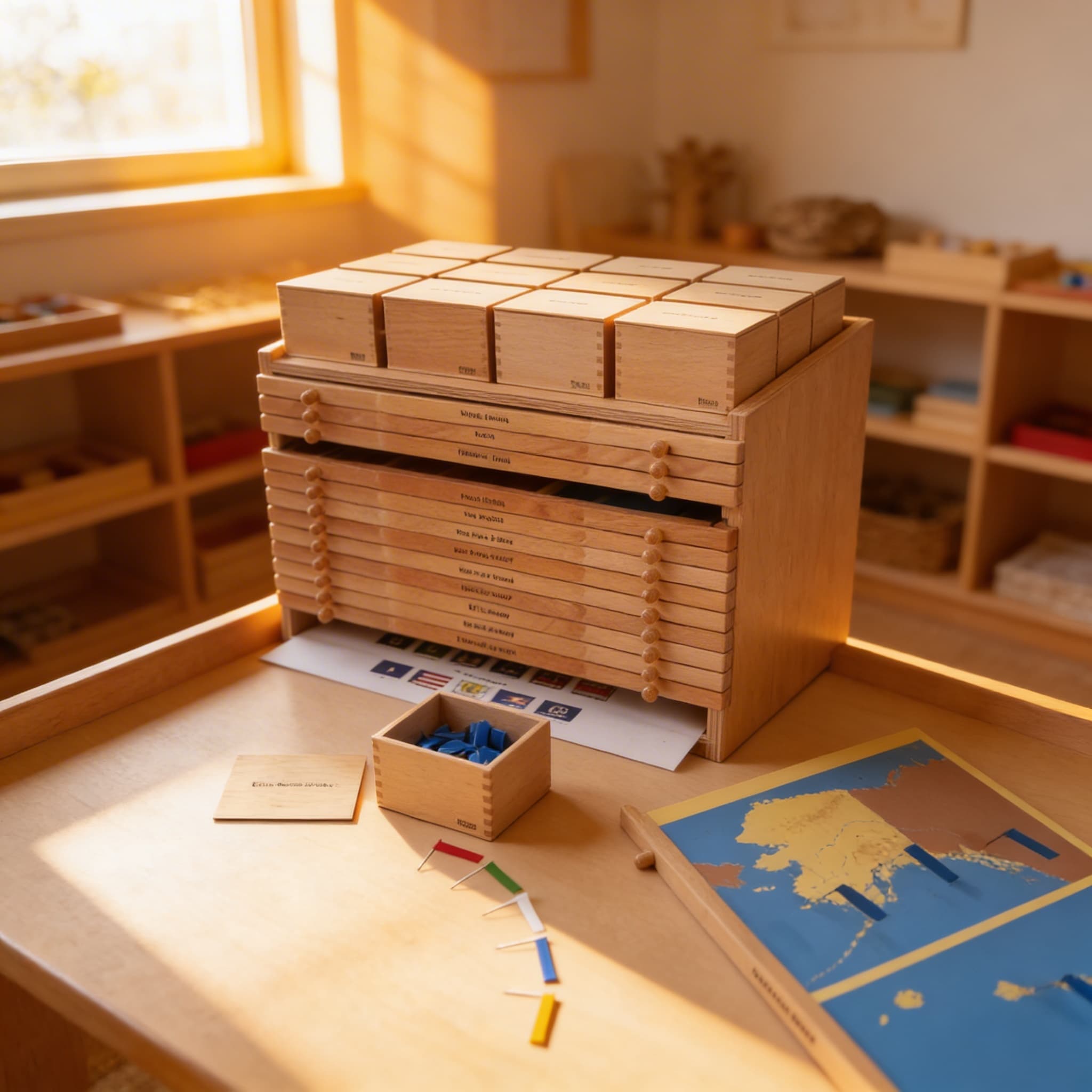 USA-Geografie-Schrank — Aufbewahrung für Puzzlekarte & Materialien — Im Einsatz