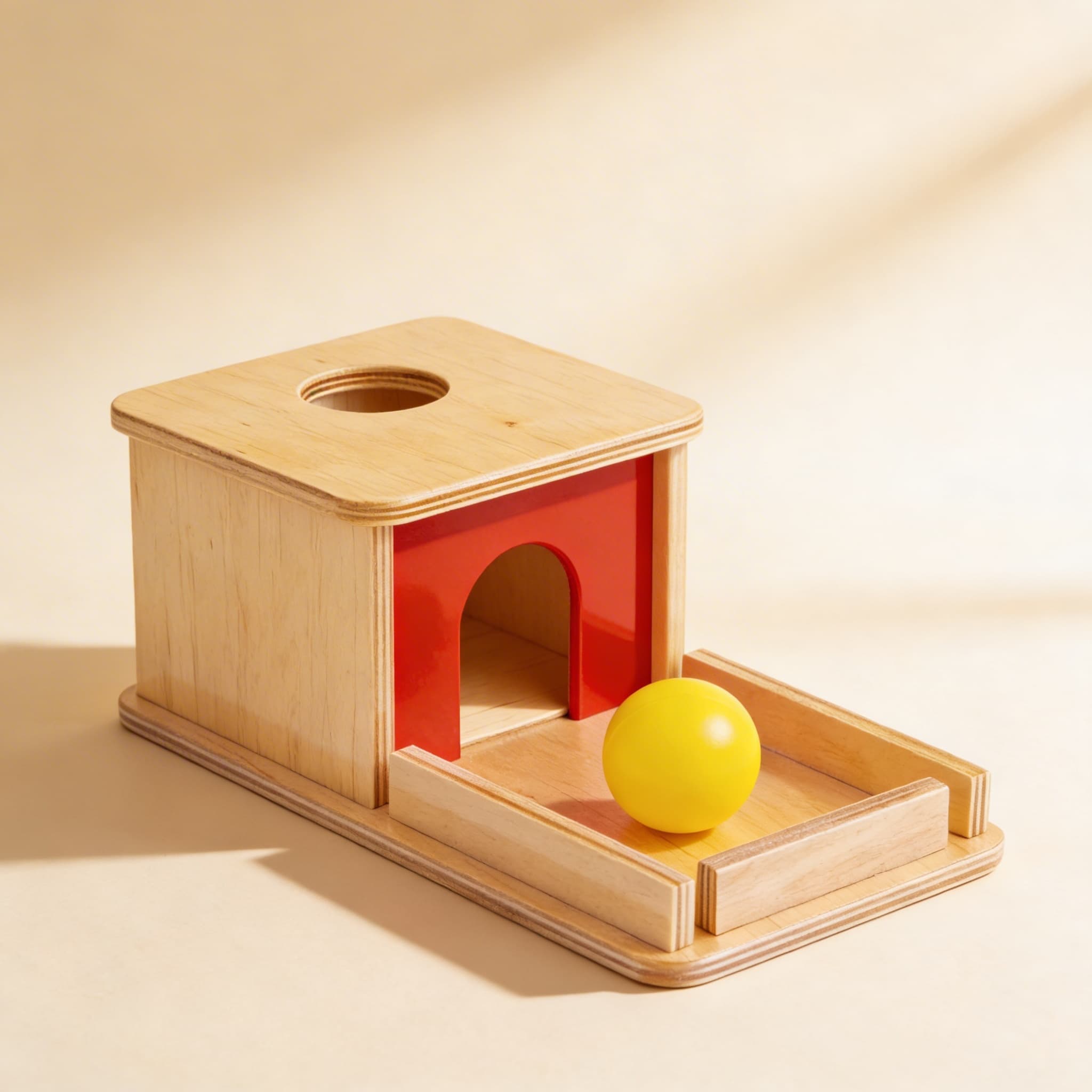 Object Permanence Box — Ballwurf mit Tablett für Kleinkinder — Seitenansicht