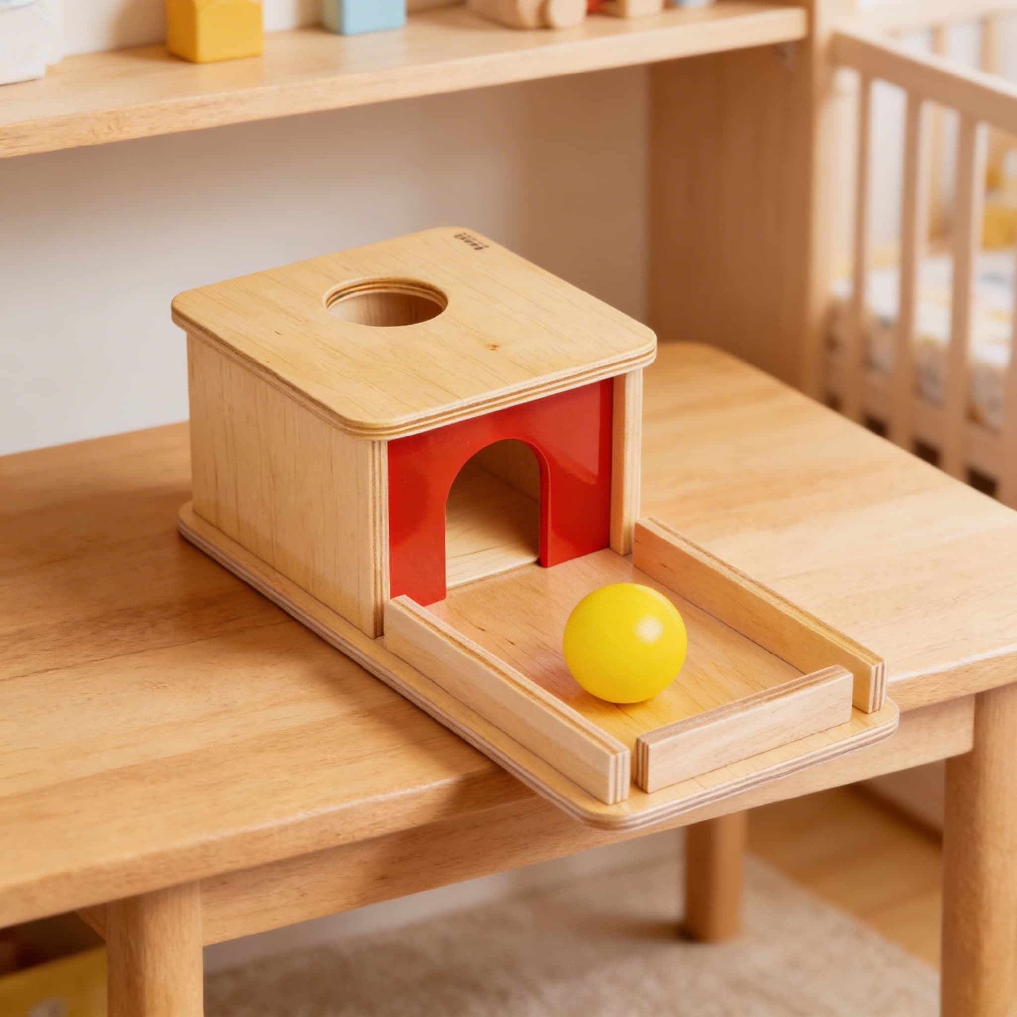 Object Permanence Box — Ballwurf mit Tablett für Kleinkinder — Detailansicht