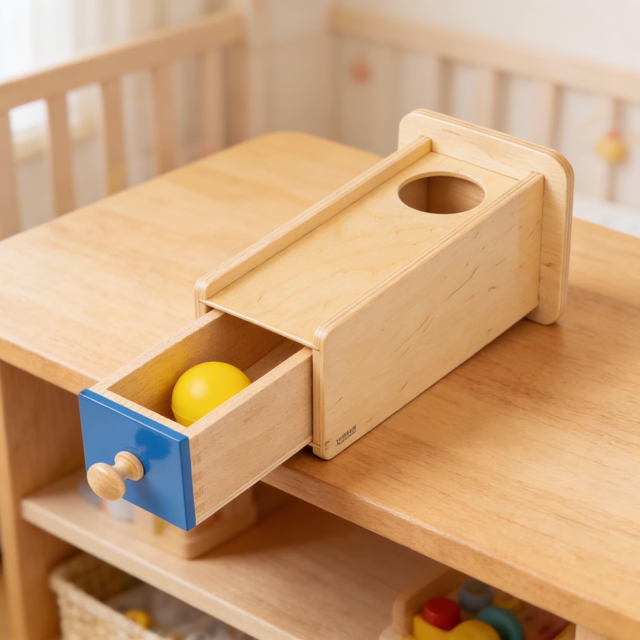 Object Permanence Box — Ballwurf mit Schublade — Detailansicht