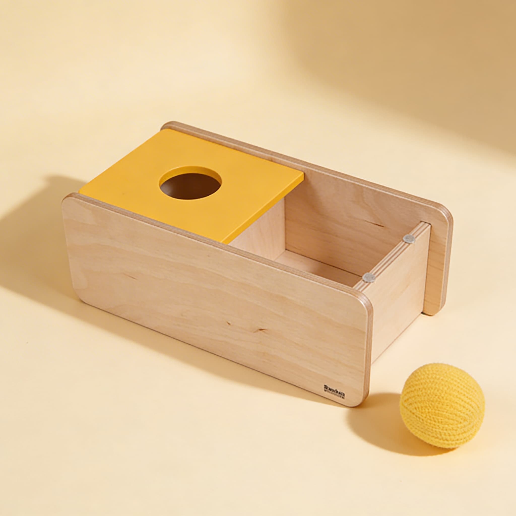 Imbucare Box with Flip Lid: Knit Ball Object Permanence Activity: Side view