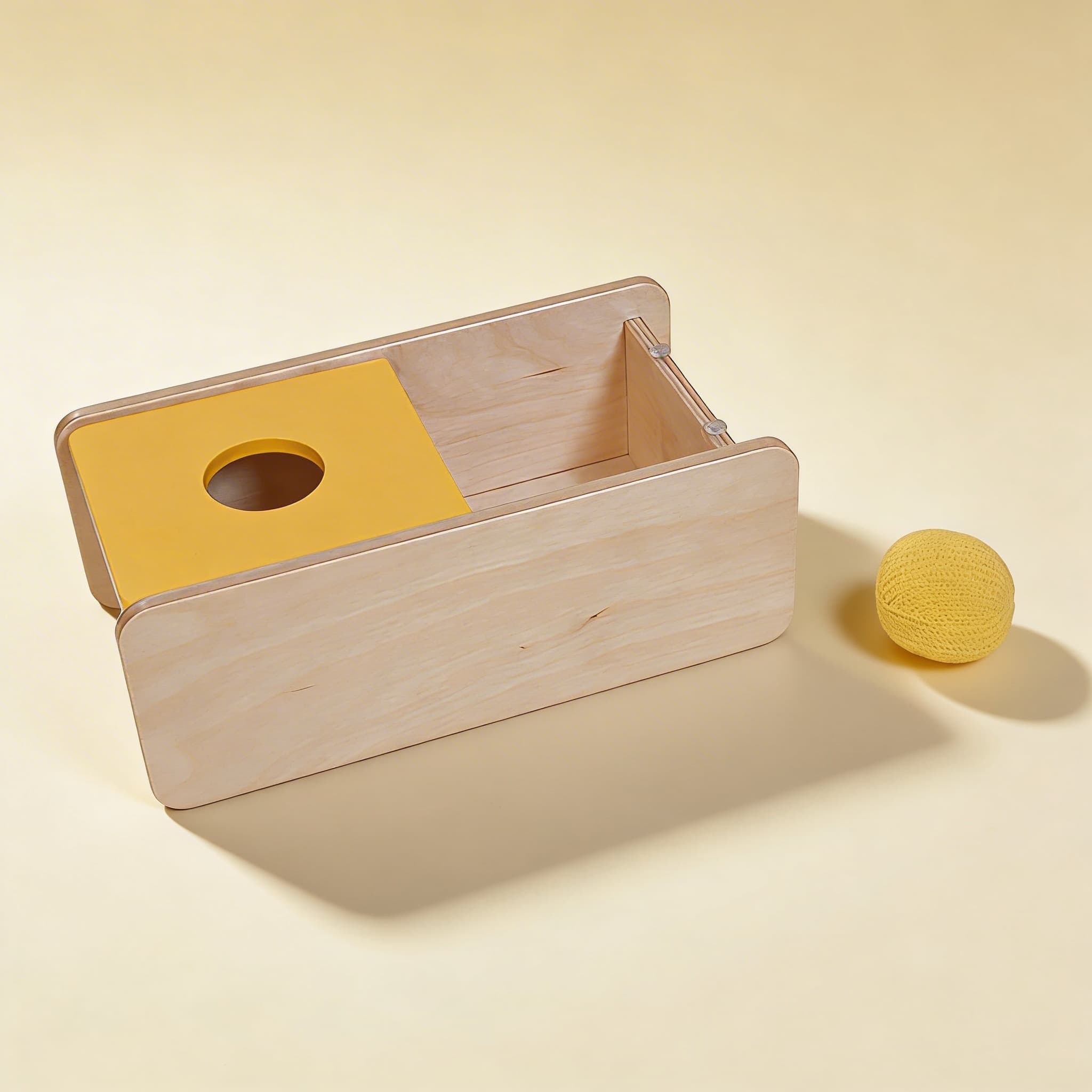 Imbucare Box with Flip Lid — Knit Ball Object Permanence Activity