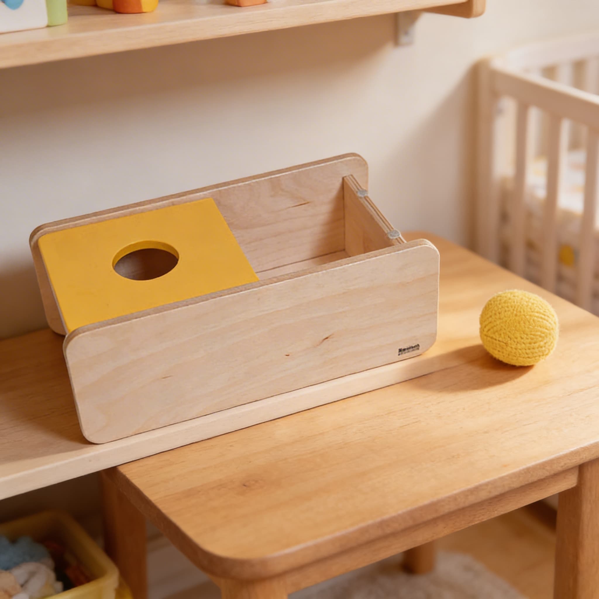 Imbucare Box with Flip Lid: Knit Ball Object Permanence Activity: Detail view