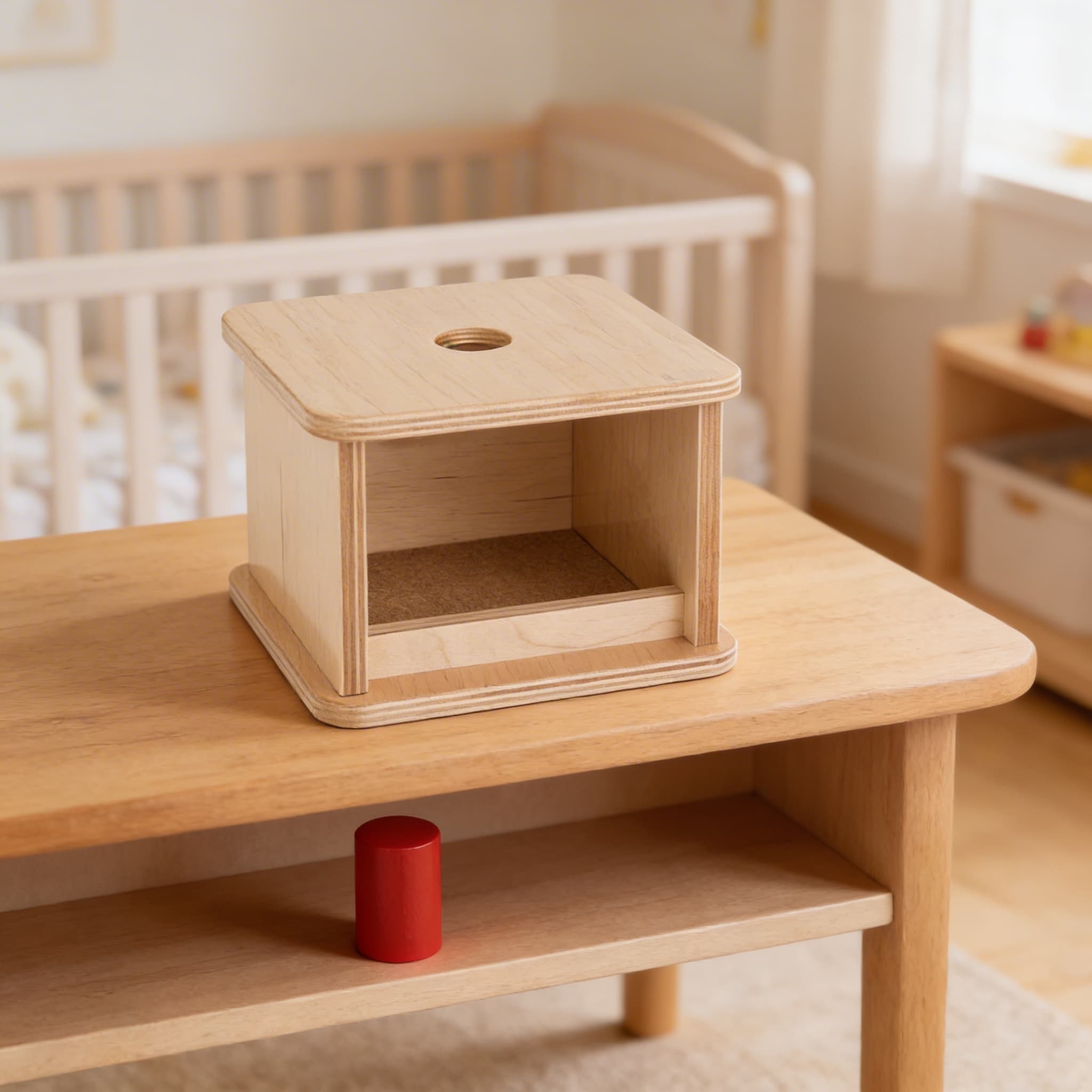 Imbucare Box — Kleiner Zylinder für Objektpermanenz — Detailansicht