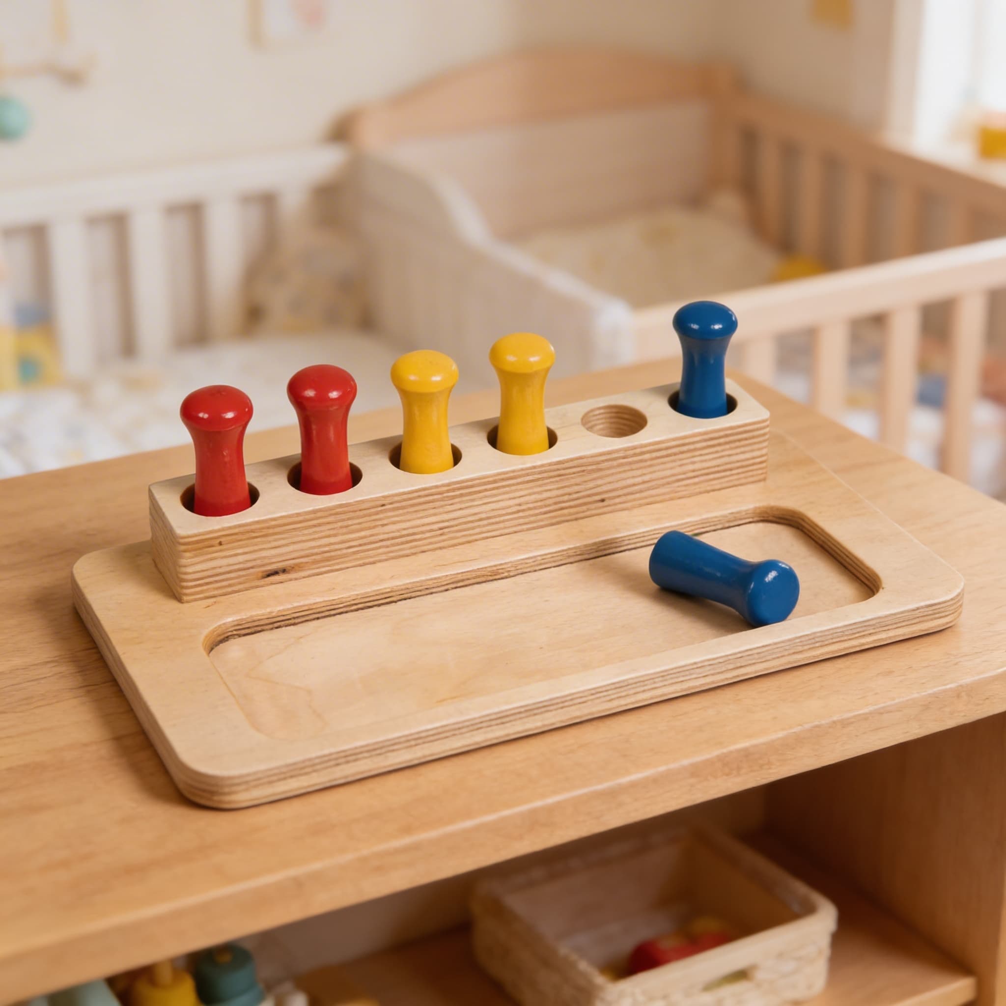 Imbucare Steckbox — Objektpermanenz mit farbigen Stiften — Detailansicht