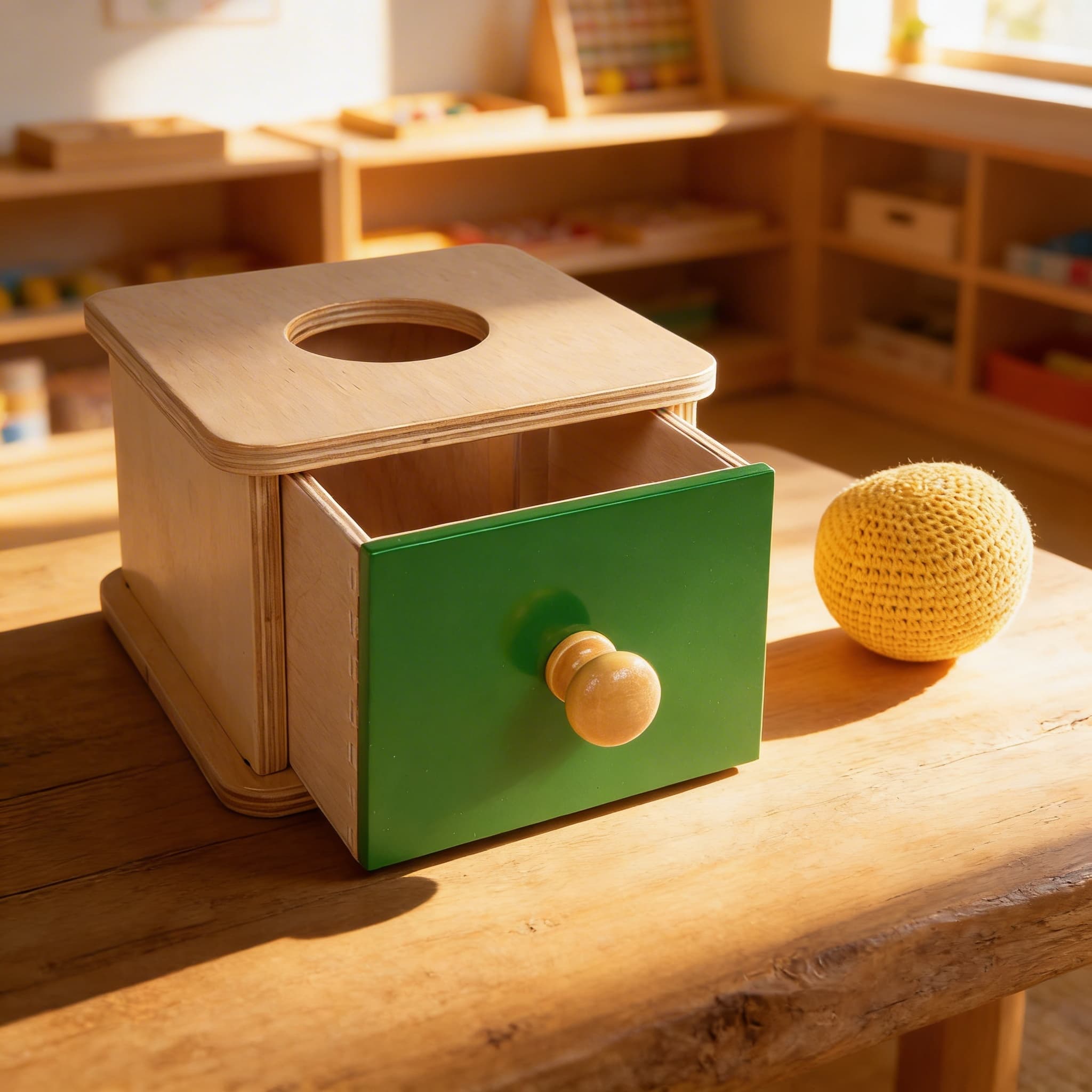 Imbucare-Box — weicher Strickball für sanfte Objektpermanenz — Im Einsatz