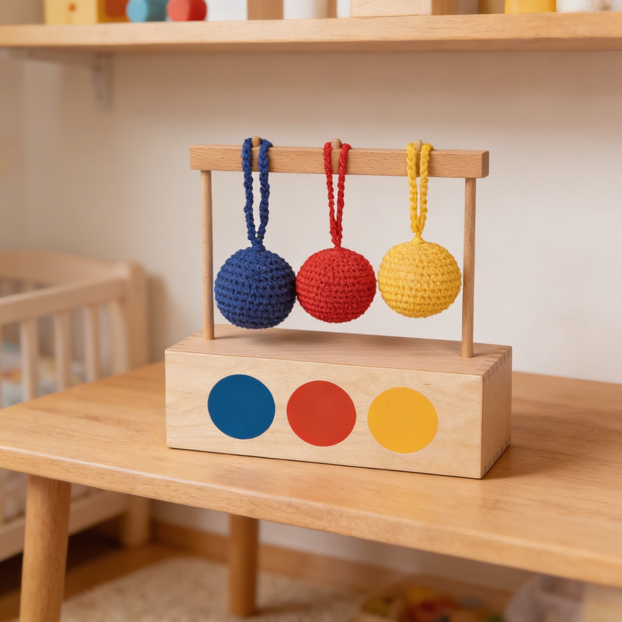 Imbucare Box — 3 farbige Strickbälle für Formenzuordnung — Detailansicht