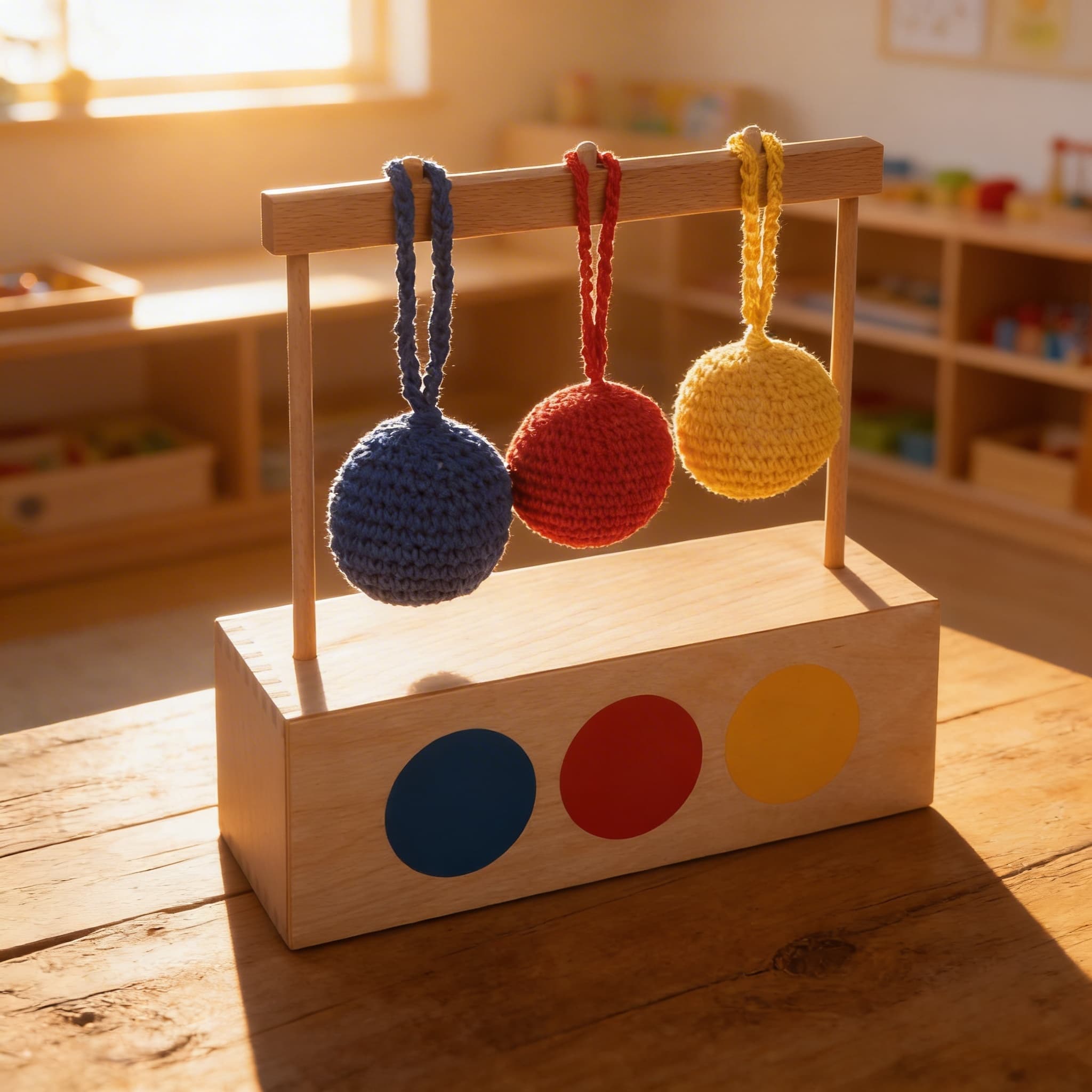 Imbucare Box — 3 farbige Strickbälle für Formenzuordnung — Im Einsatz