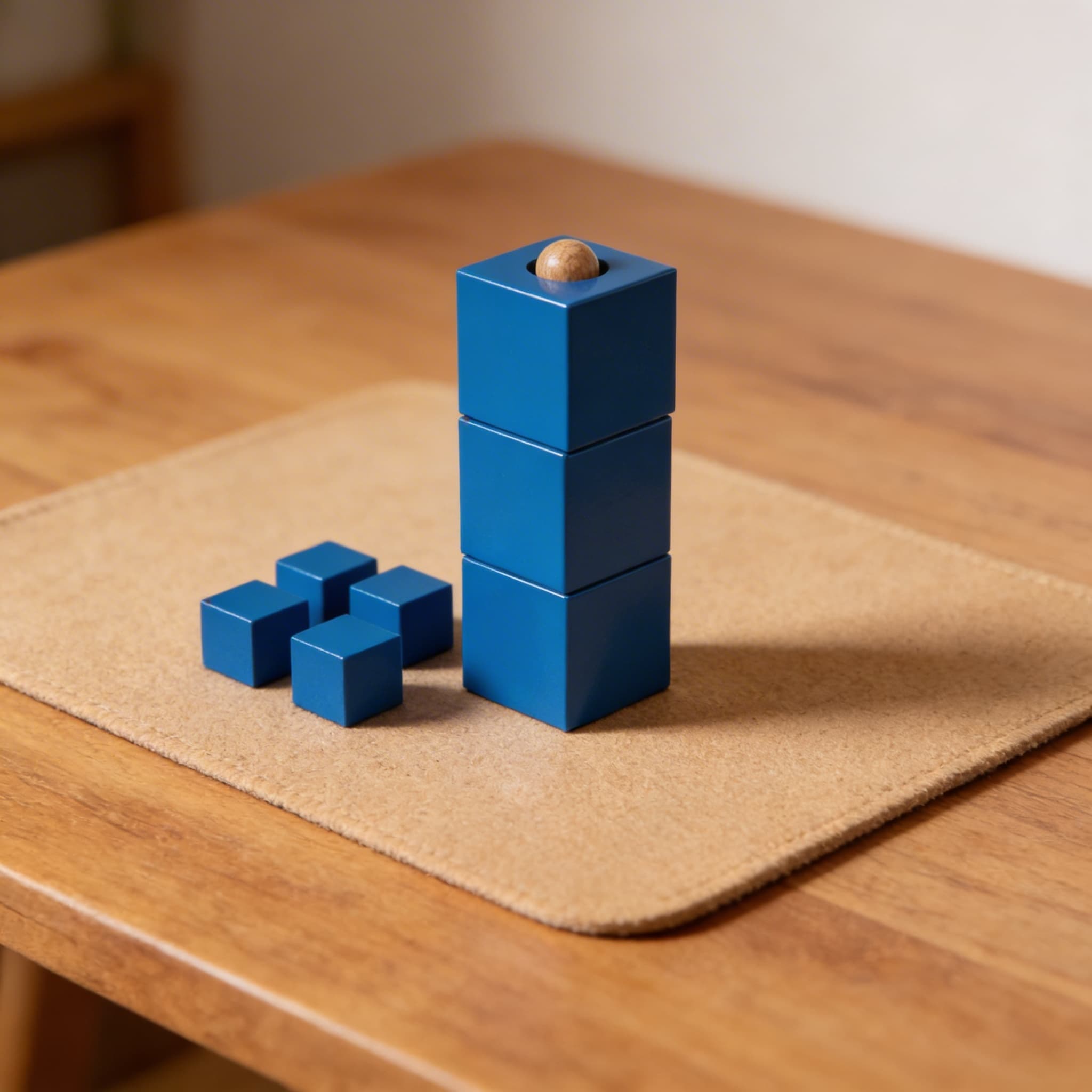 Würfel-Stapelstab — Drei blaue Würfel mit Holzkugel — Detailansicht