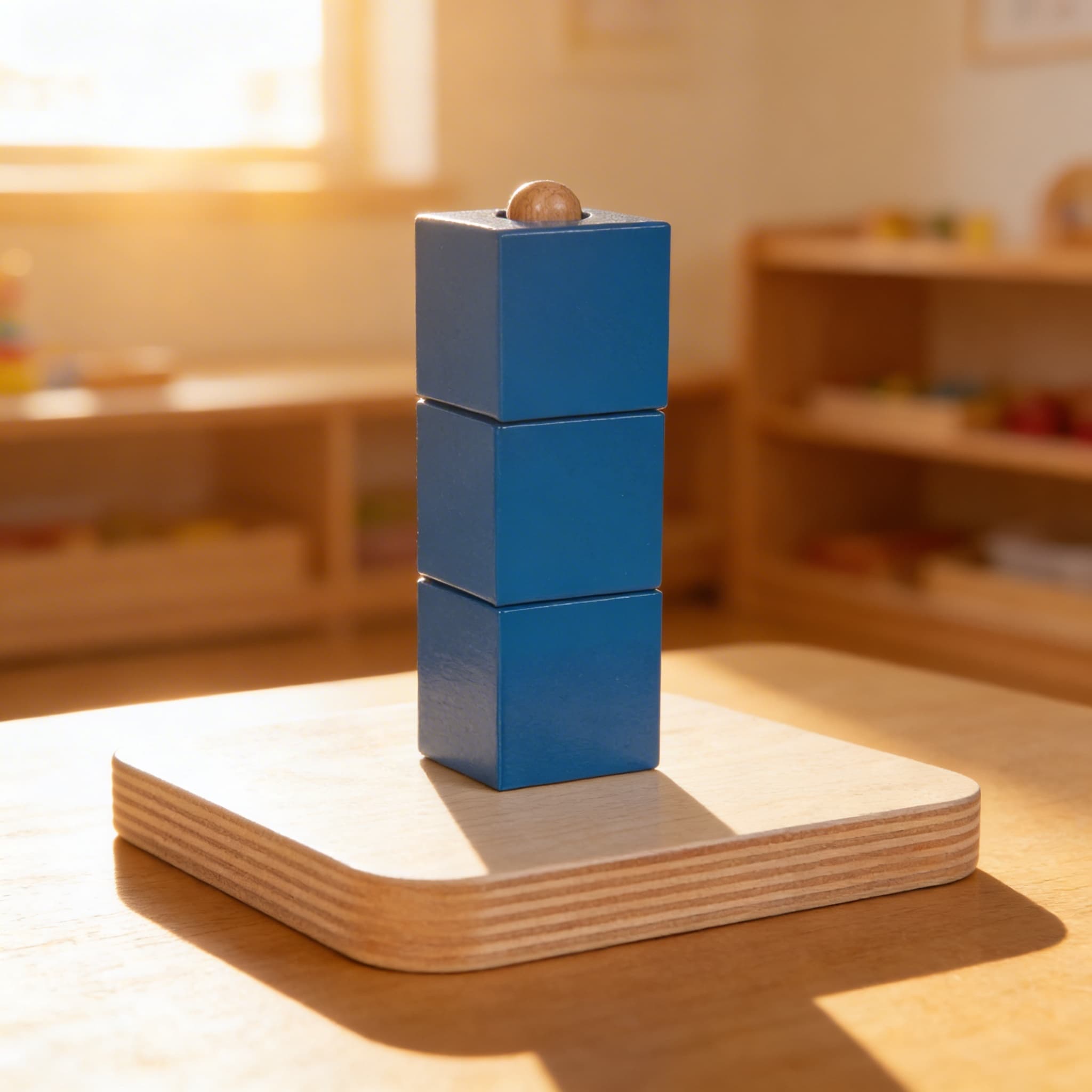 Würfel-Stapelstab — Drei blaue Würfel mit Holzkugel — Im Einsatz