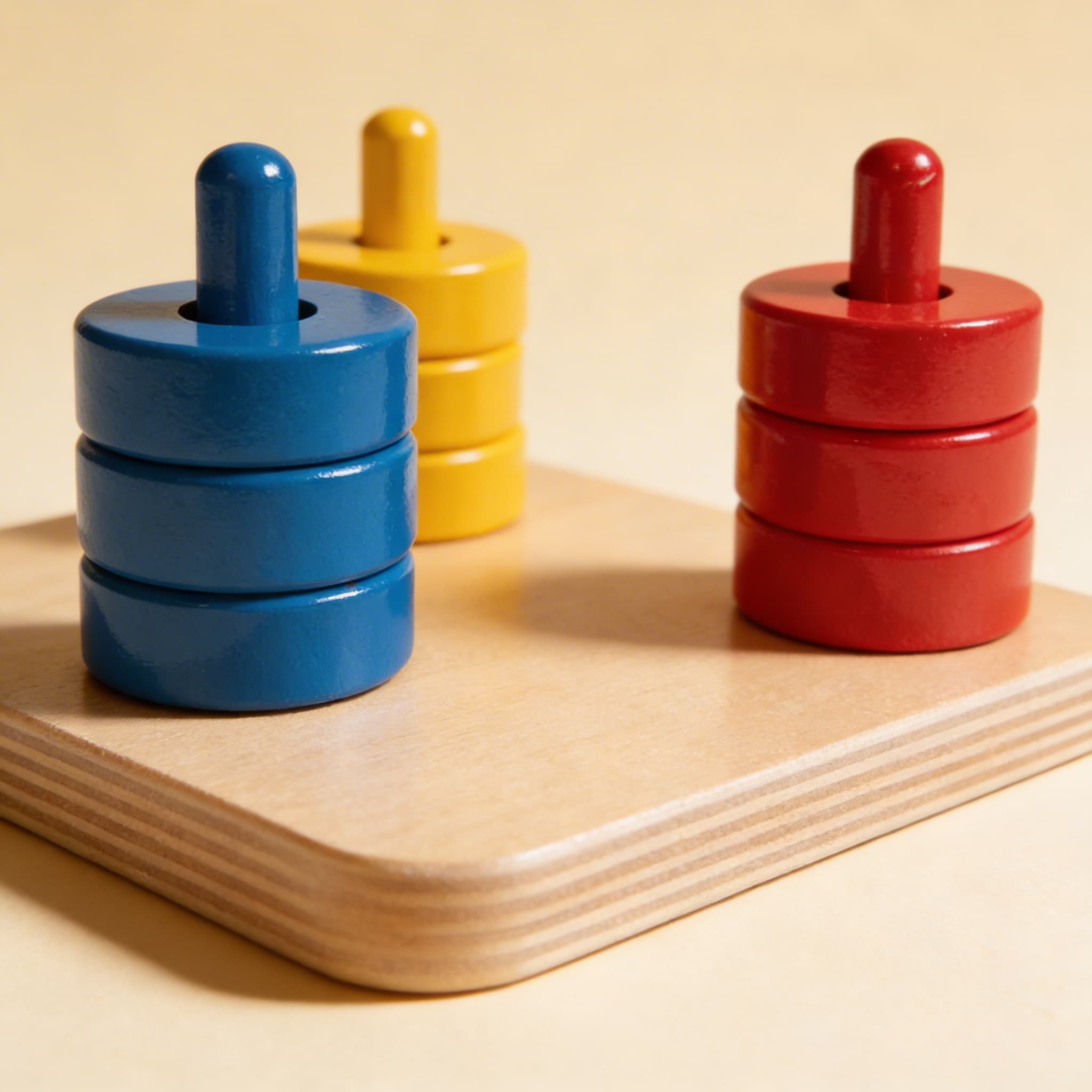 Farbige Scheiben auf Stäben — Stapeln & Sortieren für Kleinkinder — Seitenansicht