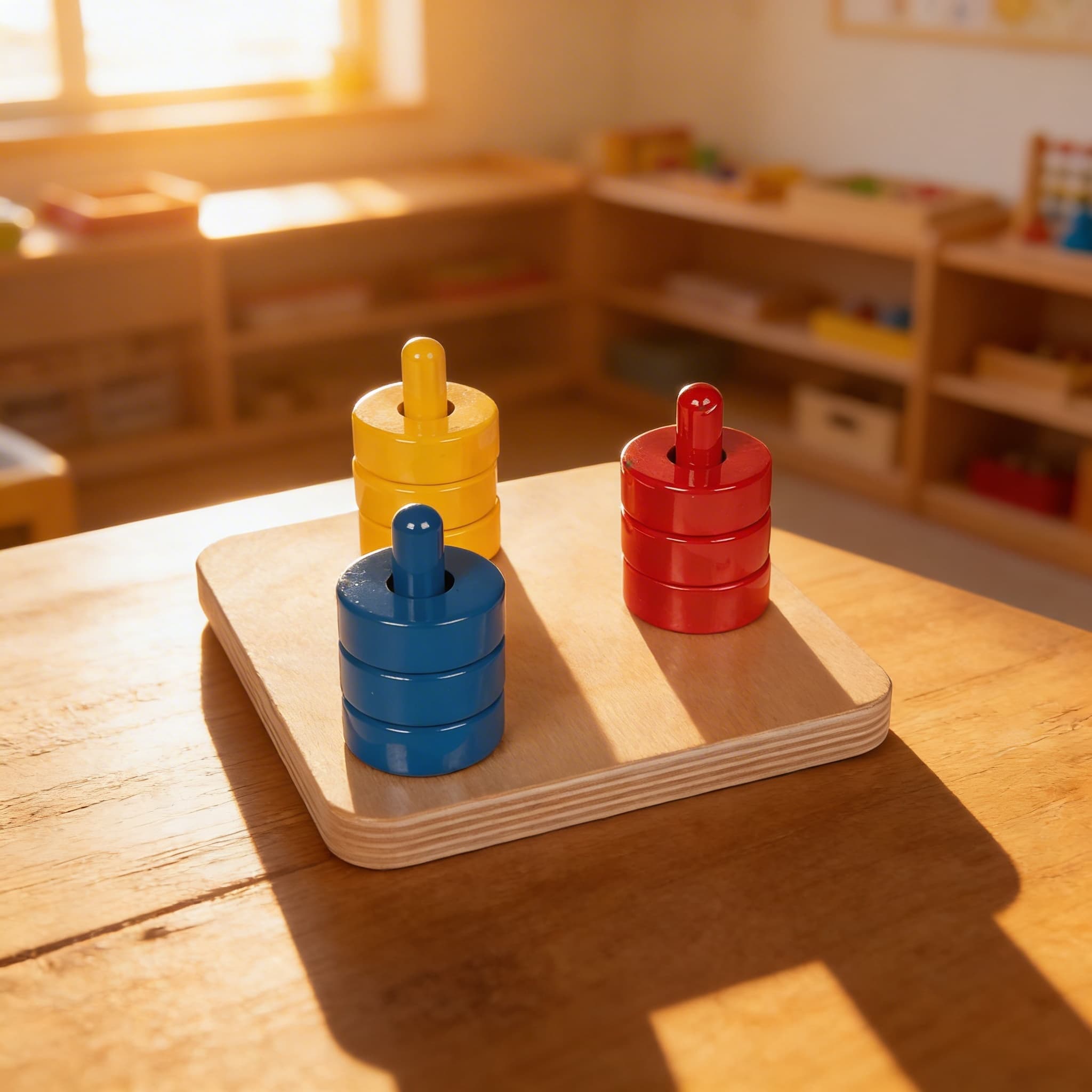 Farbige Scheiben auf Stäben — Stapeln & Sortieren für Kleinkinder — Im Einsatz