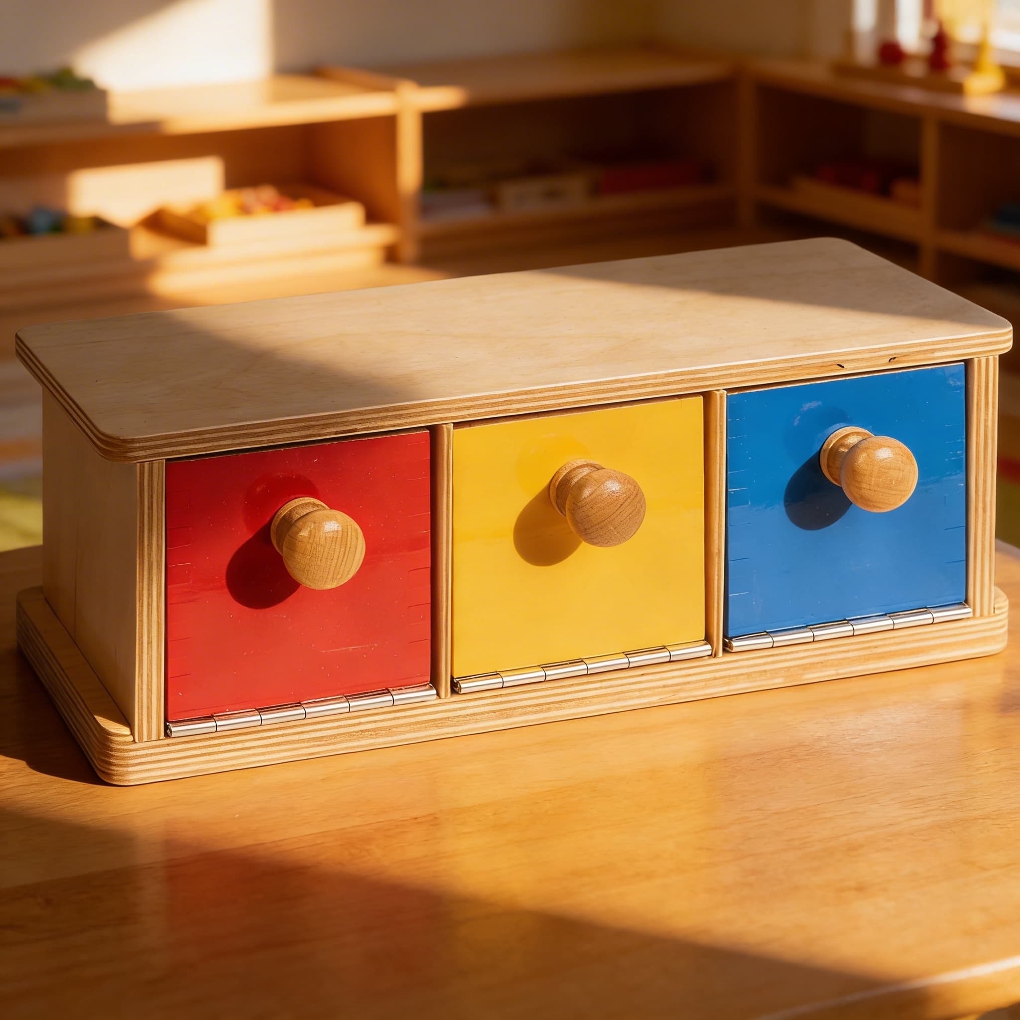 Box mit Fächern — Drei Farbige Fächer für Sortieraktivitäten — Im Einsatz