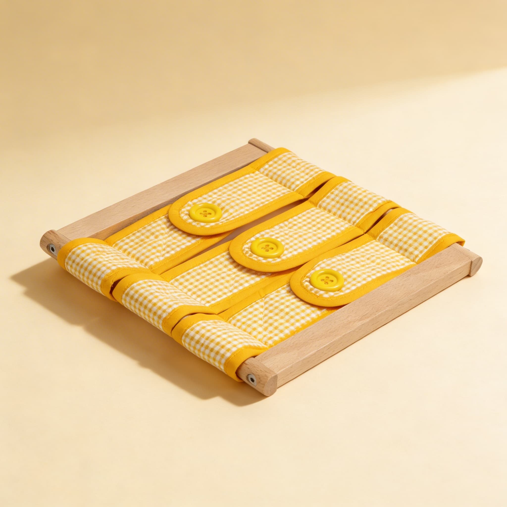 Ankleidungsrahmen: 3 Knöpfe — Gelb-karierte Feinmotorikübung — Seitenansicht