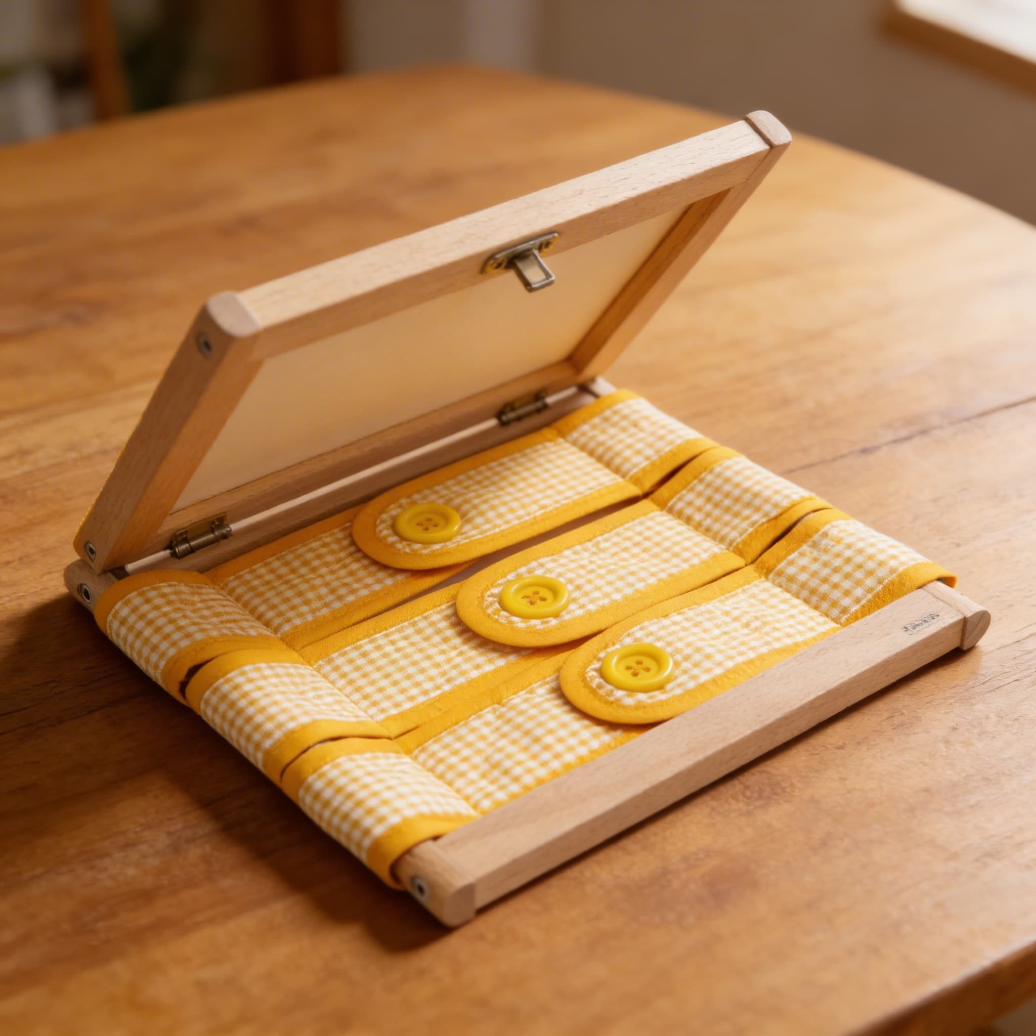 Ankleidungsrahmen: 3 Knöpfe — Gelb-karierte Feinmotorikübung — Detailansicht