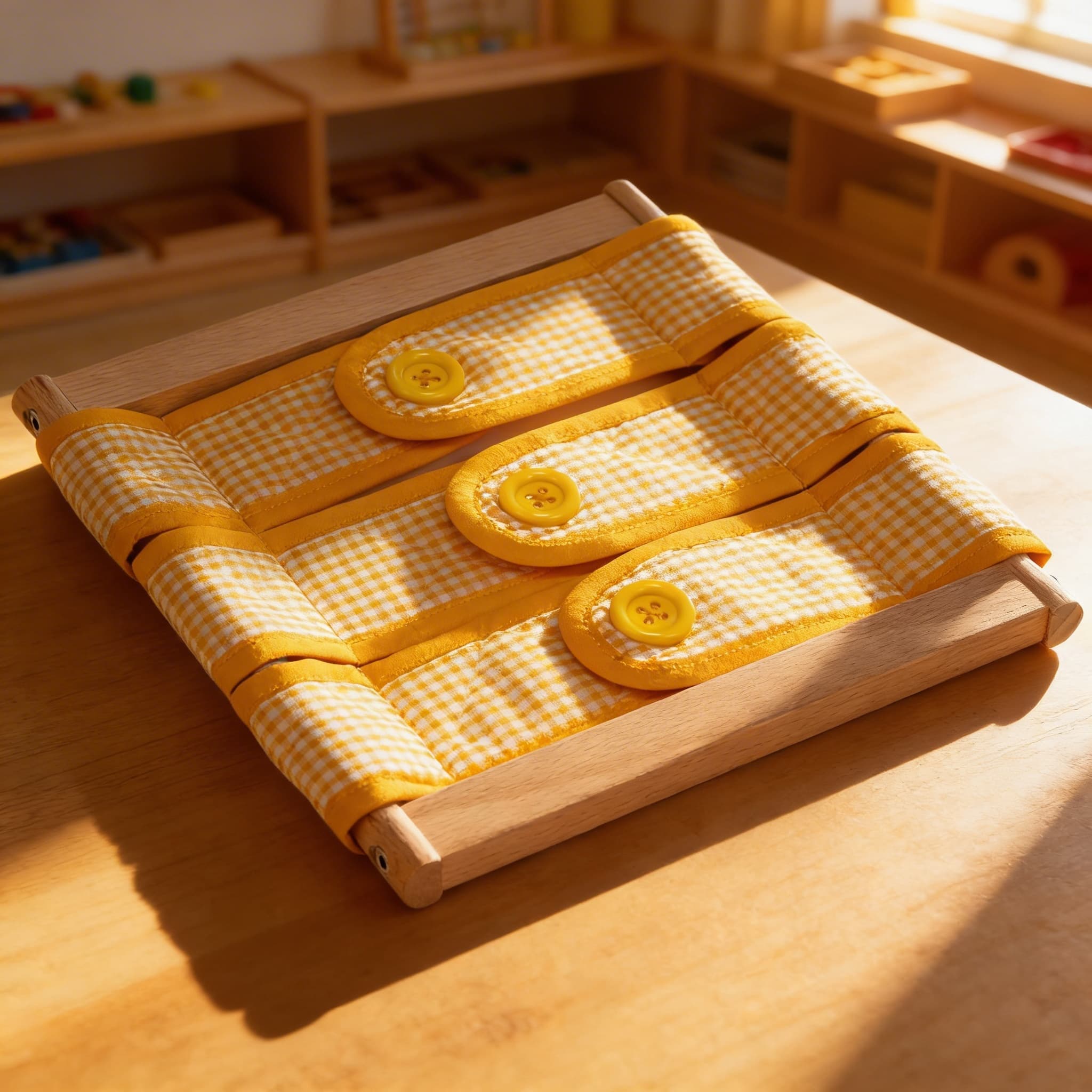 Ankleidungsrahmen: 3 Knöpfe — Gelb-karierte Feinmotorikübung — Im Einsatz