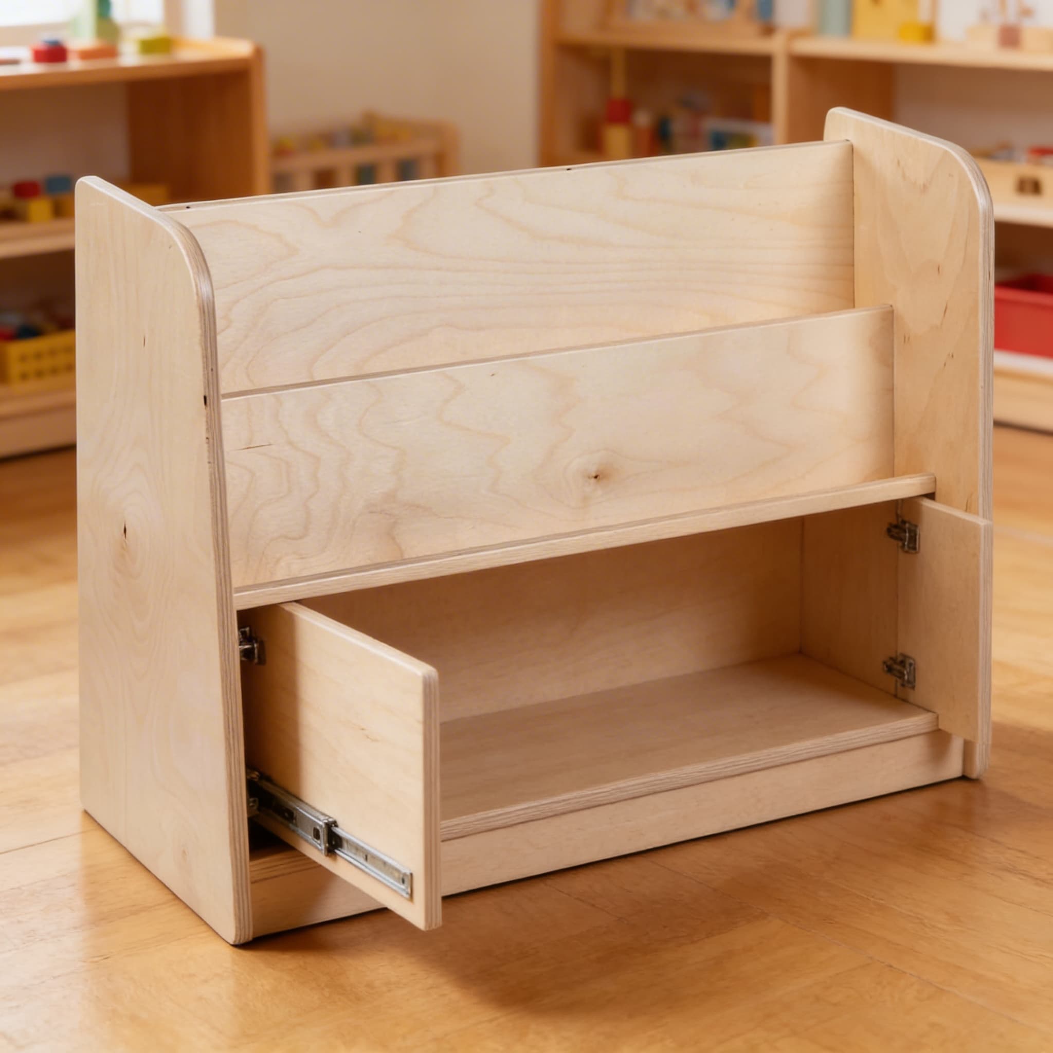 Ankleidungsrahmen-Ständer — Holzdisplay für 6 Rahmen in Kinderhöhe — Detailansicht