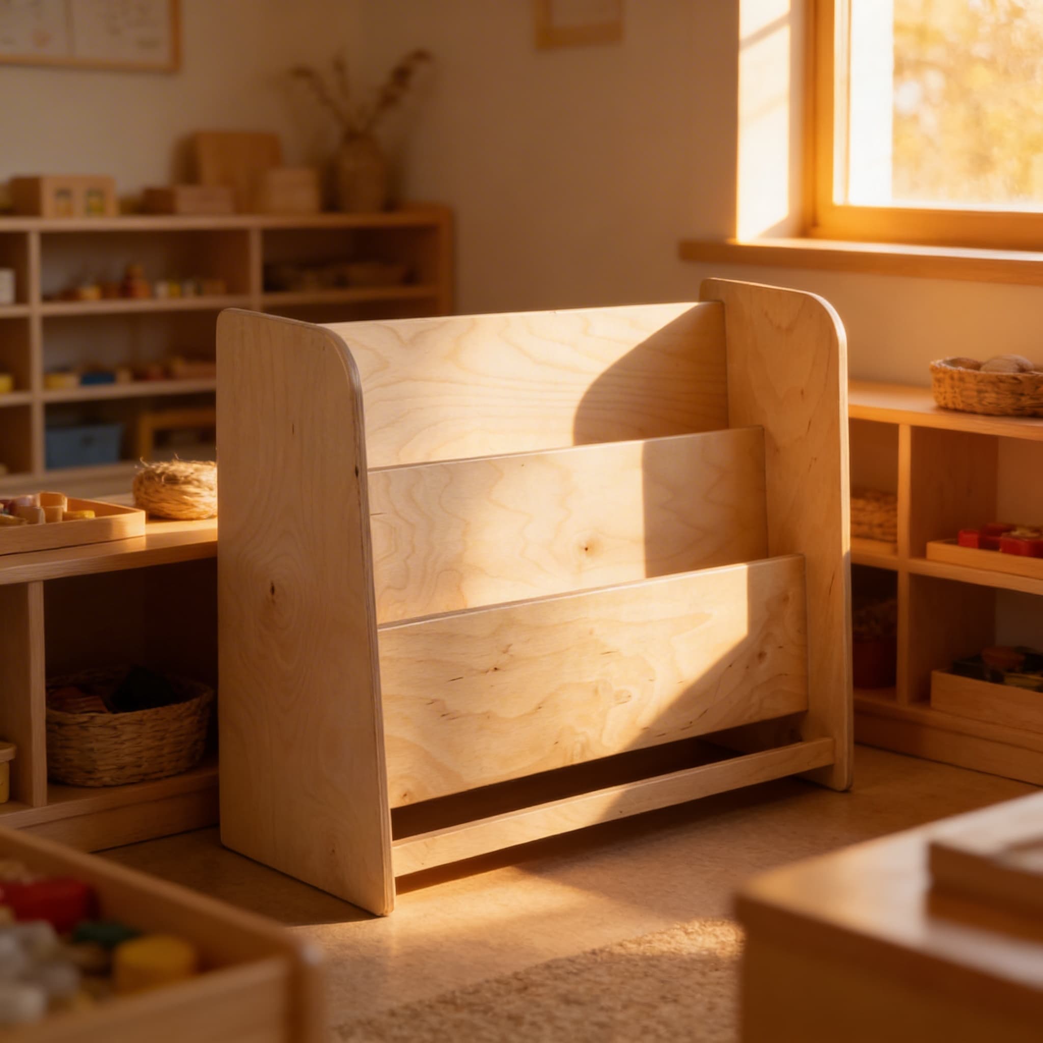 Ankleidungsrahmen-Ständer — Holzdisplay für 6 Rahmen in Kinderhöhe — Im Einsatz