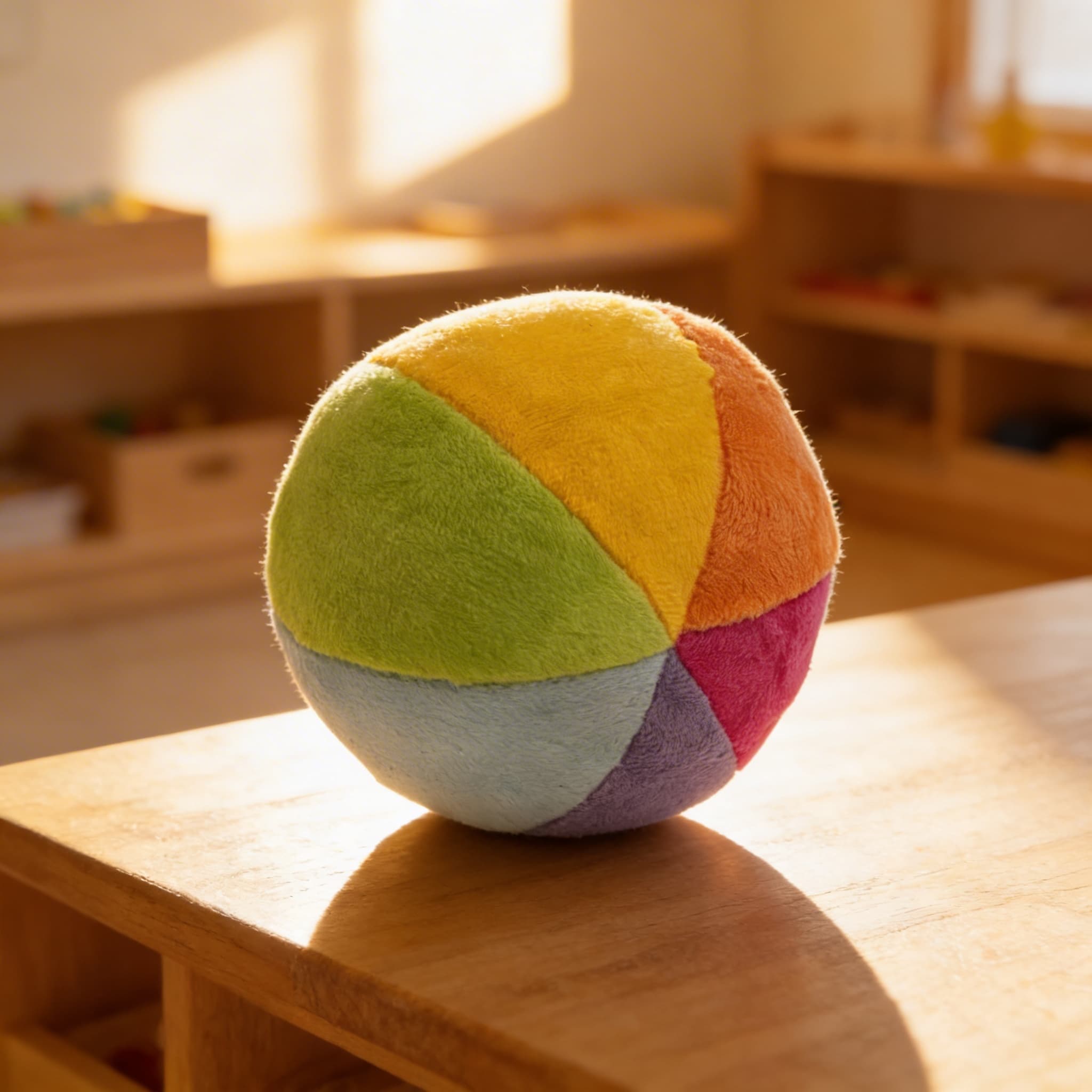 Weicher Sensorikball — Strukturierte Stoffe mit Rassel für Säuglinge — Im Einsatz