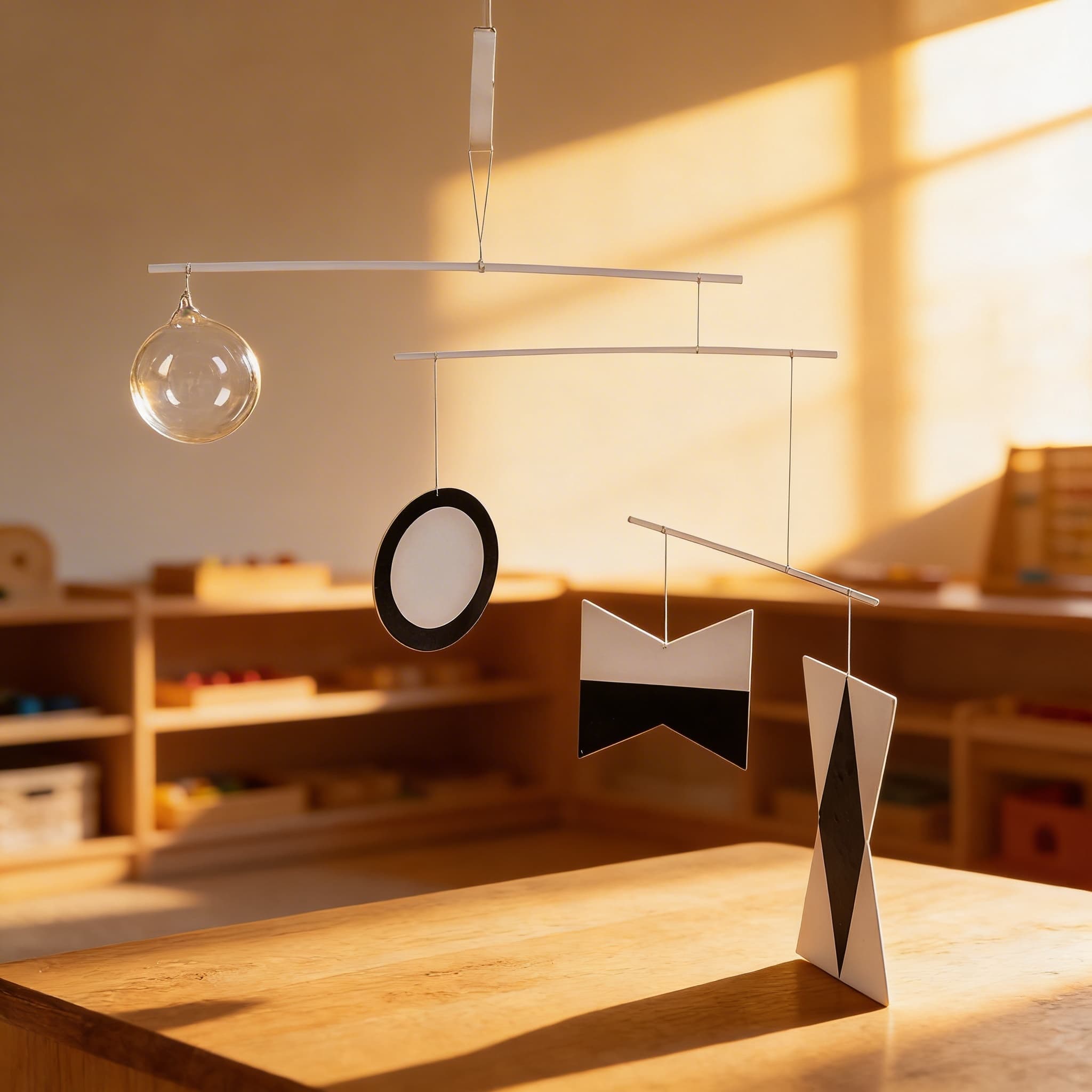 Munari-Mobile — Erstes visuelles Mobile mit schwarz-weißen Formen — Im Einsatz