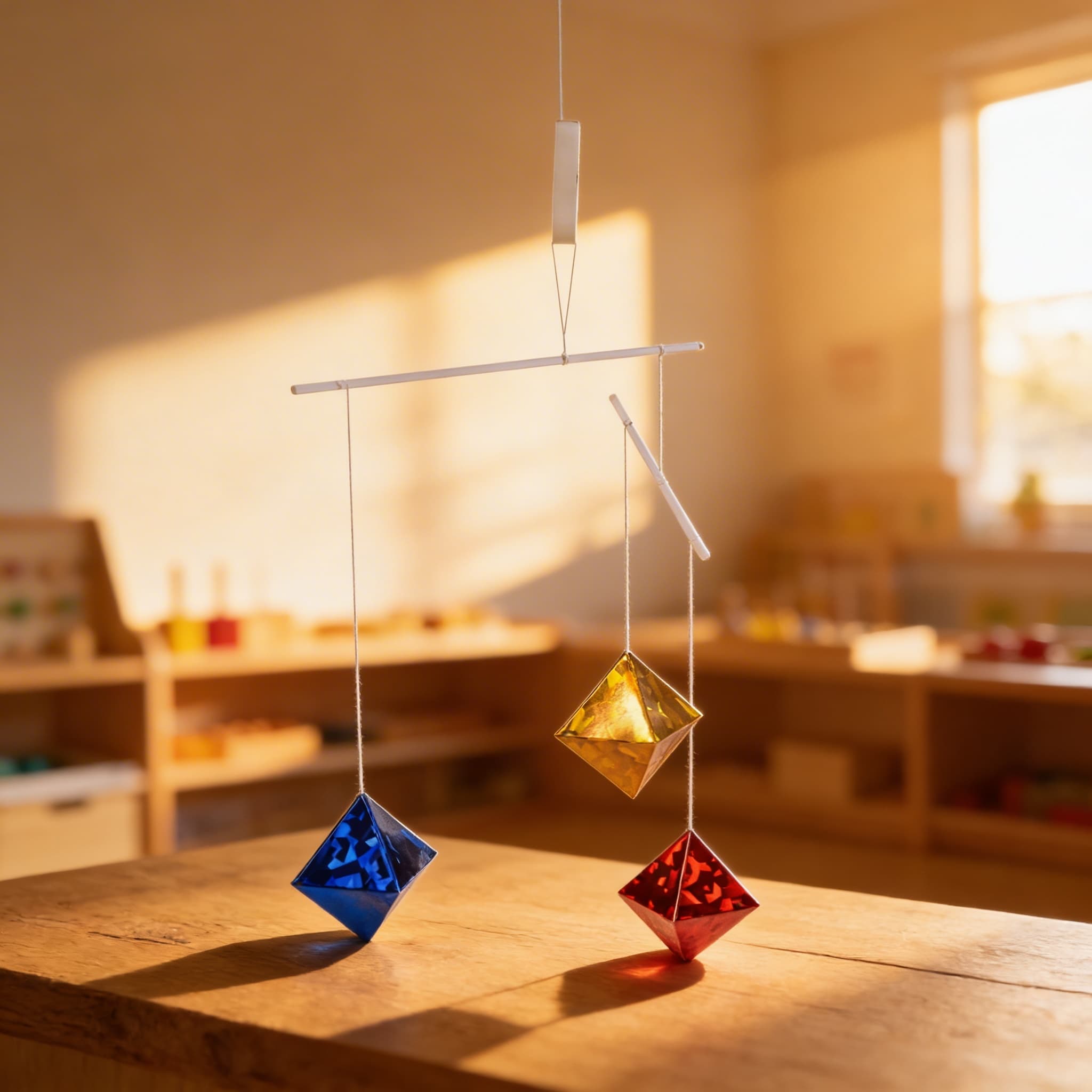 Mobilka s oktaedry — geometrické krystalové tvary pro vizuální vývoj — Při použití