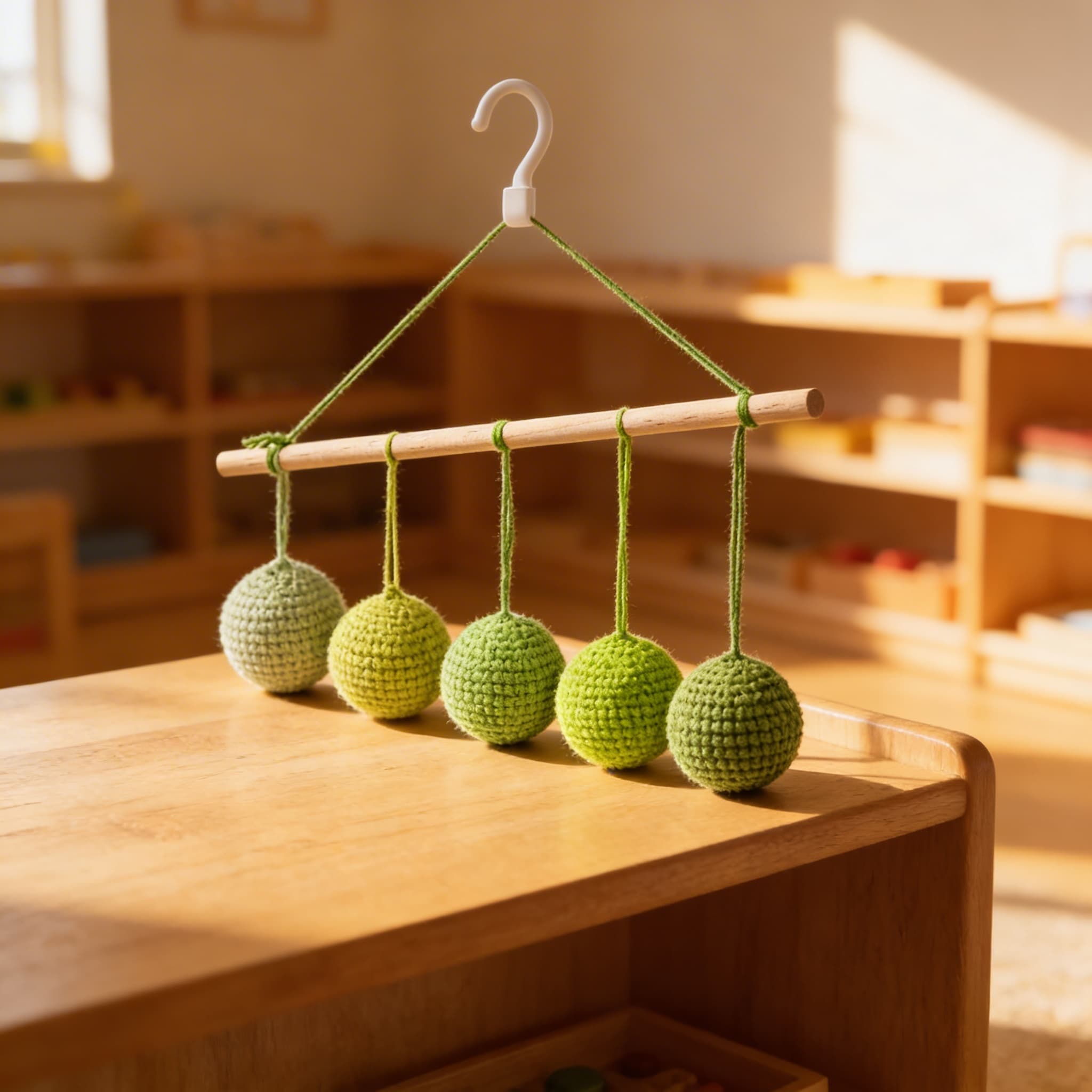 Gobbi-Mobile — Fünf Farbverlauf-Kugeln für Blickverfolgung — Im Einsatz