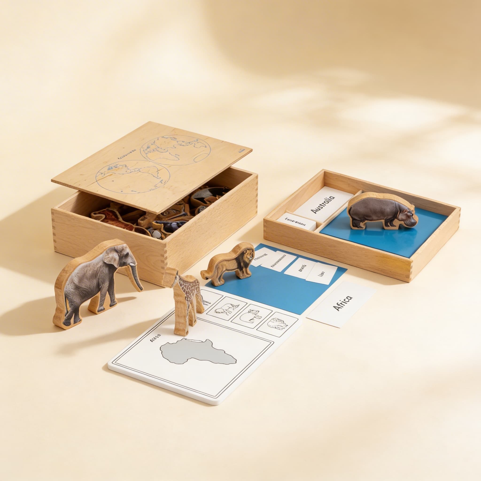 Kontinentale Tiere-Box — Geographie und Zoologie Zuordnung — Seitenansicht