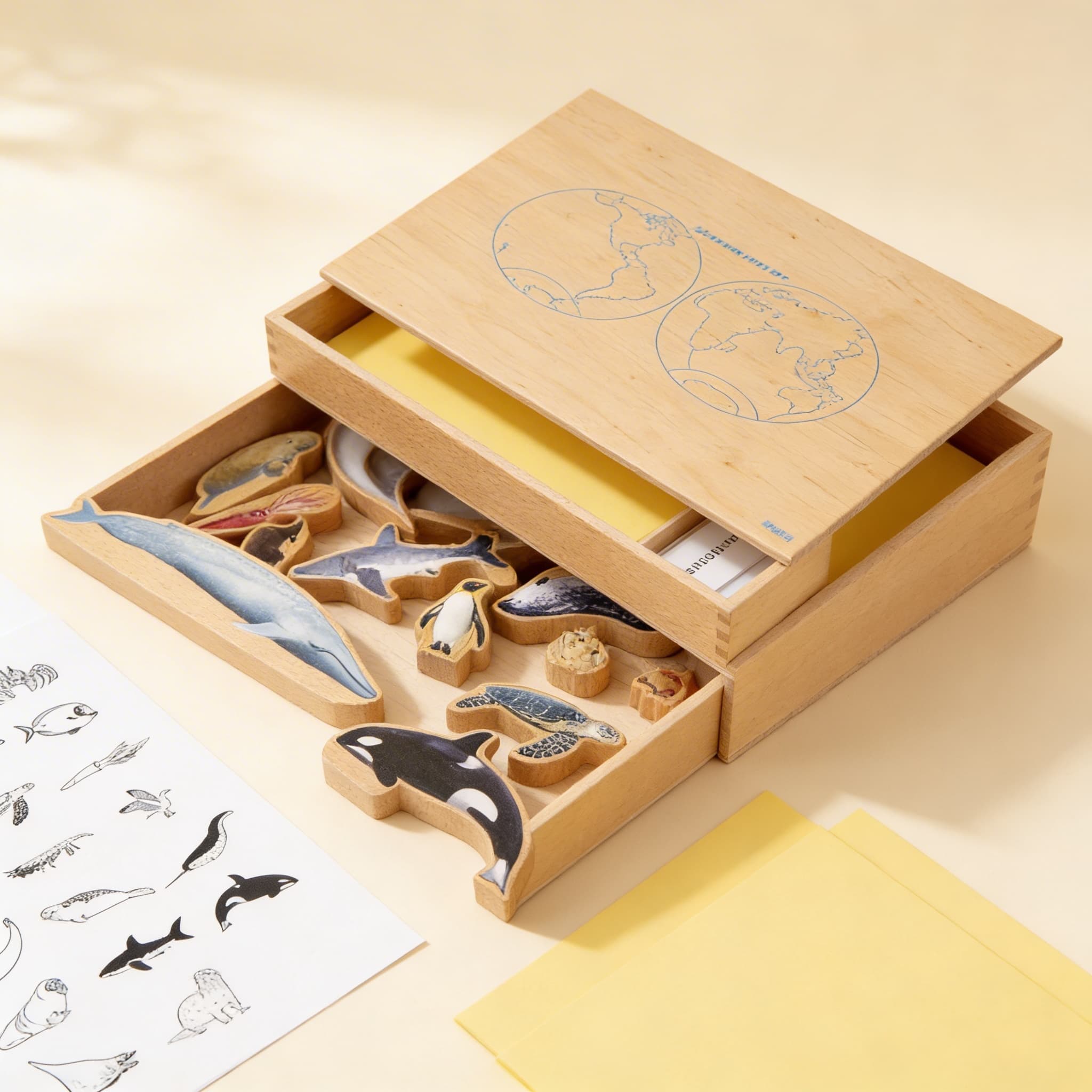 Meerestiere-Box — Klassifizierung und Wortschatz — Seitenansicht