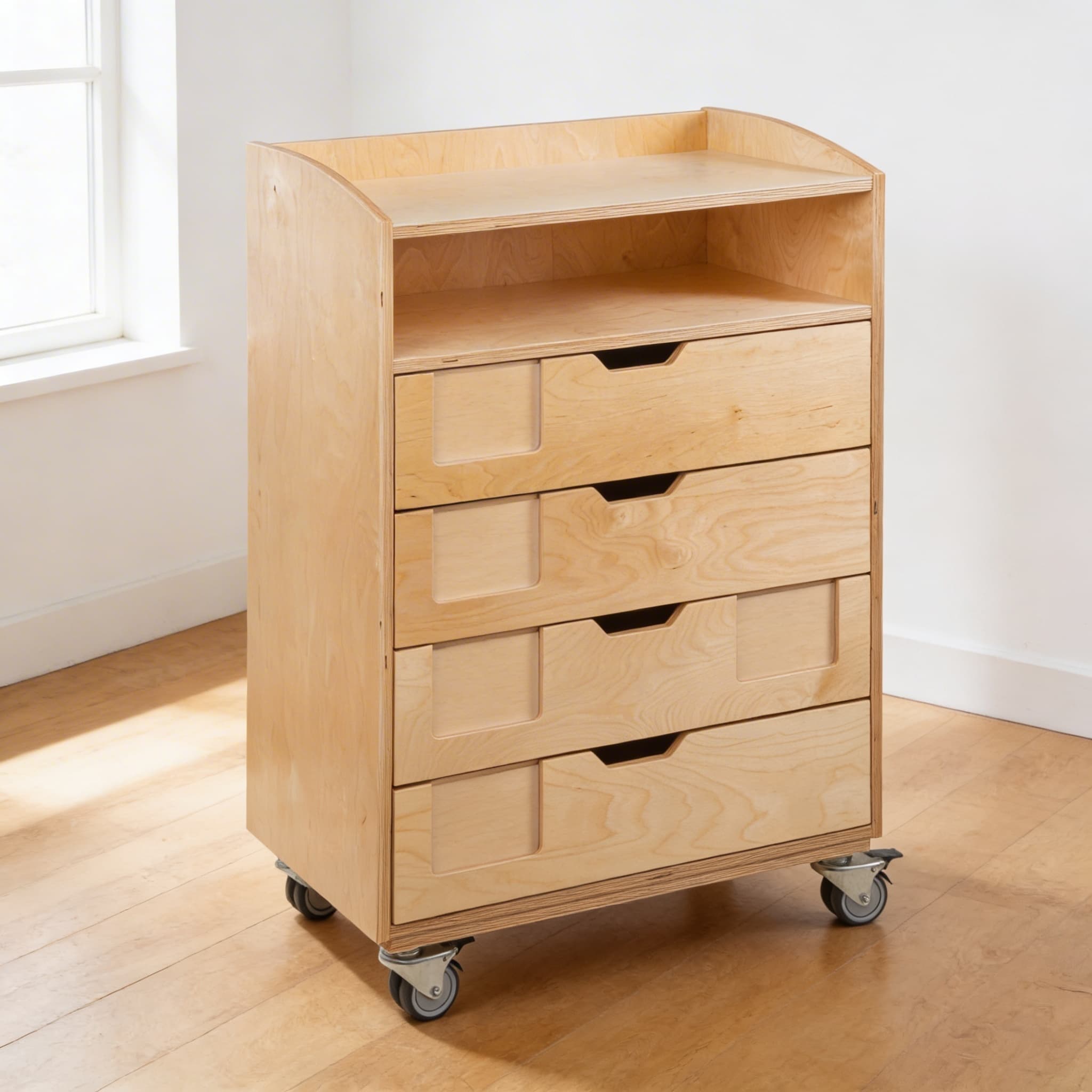 Mobile Englisch-Schrank — 4 Schubladen mit offenem Fach auf Rollen — Seitenansicht