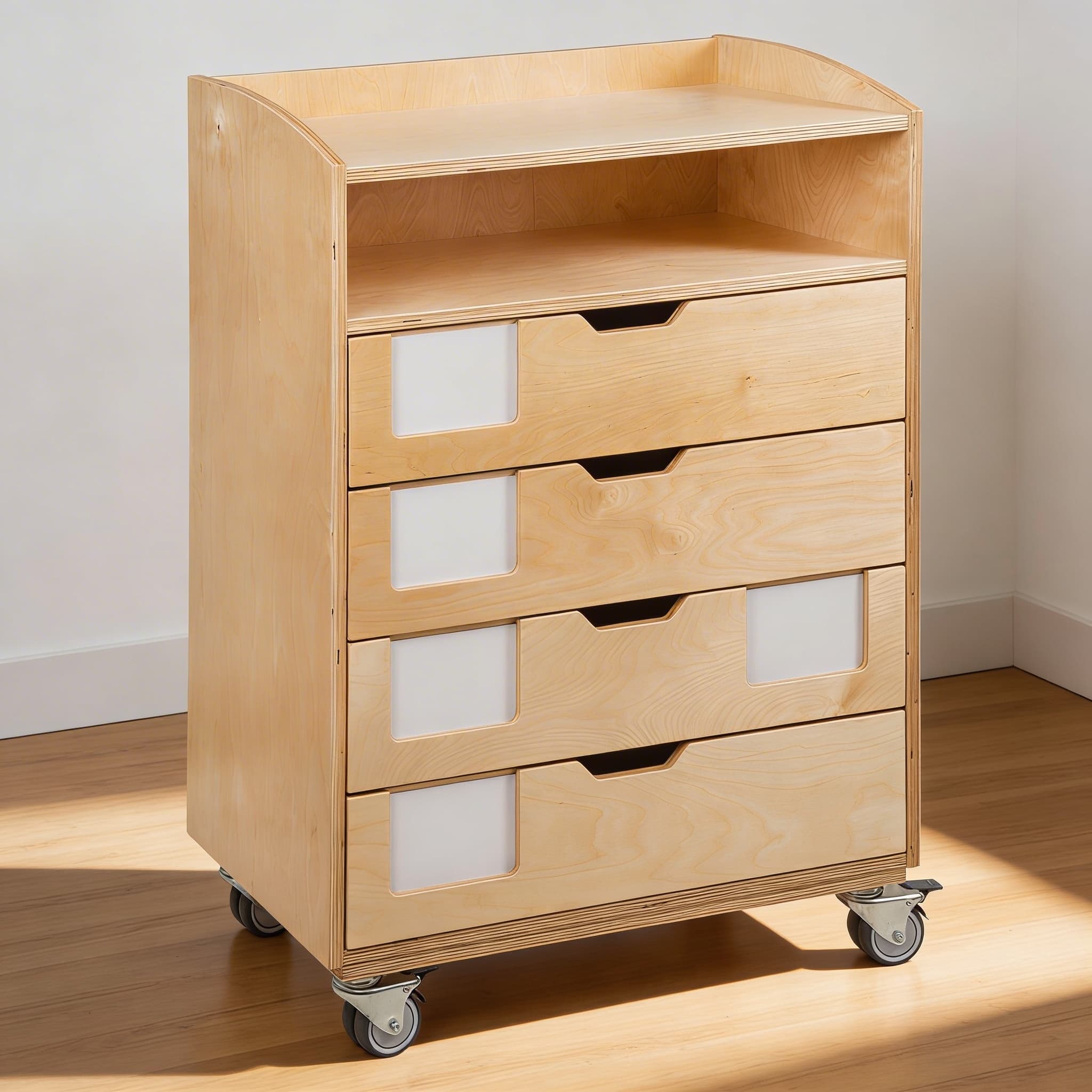 Mobile Englisch-Schrank — 4 Schubladen mit offenem Fach auf Rollen — Katalogansicht