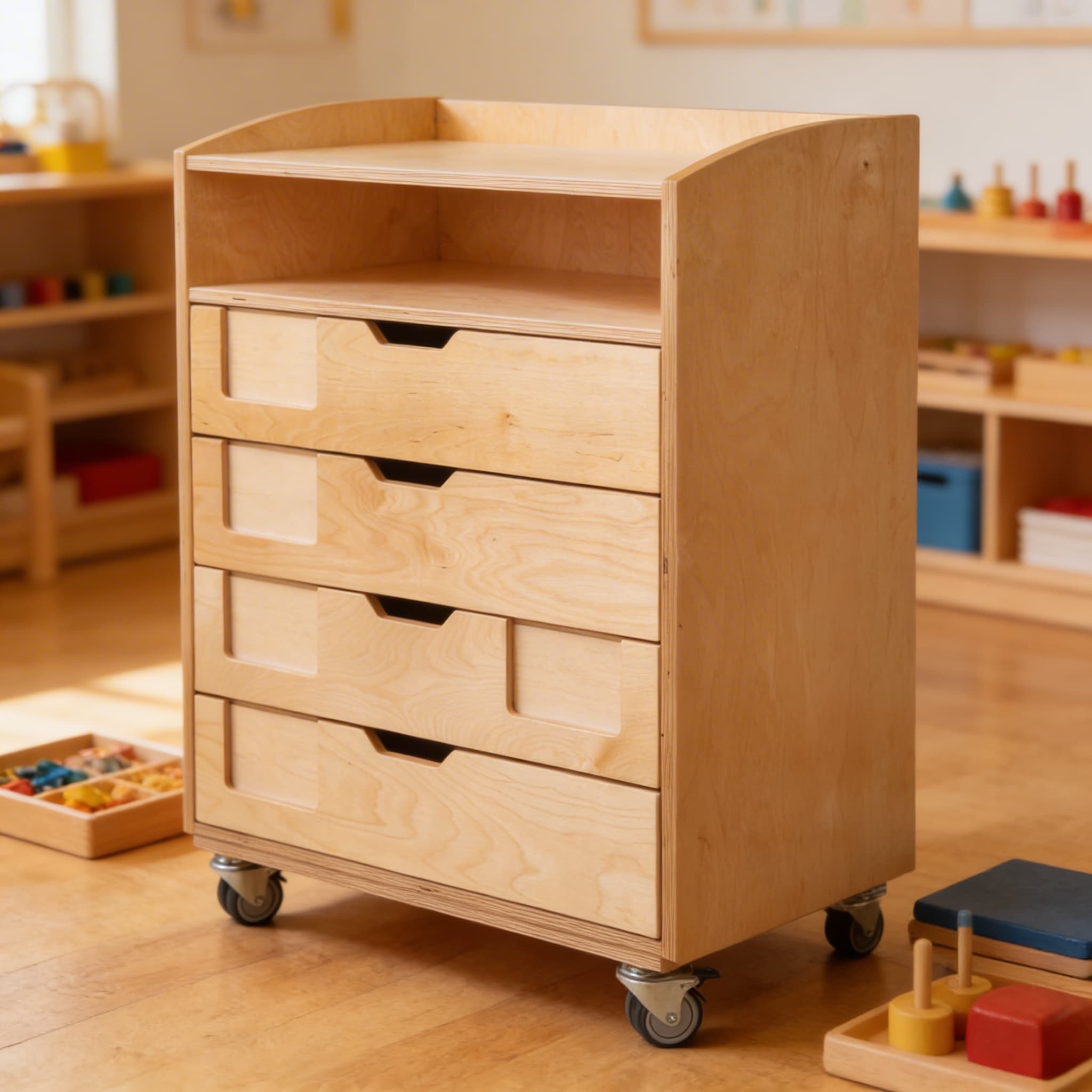 Mobile Englisch-Schrank — 4 Schubladen mit offenem Fach auf Rollen — Detailansicht