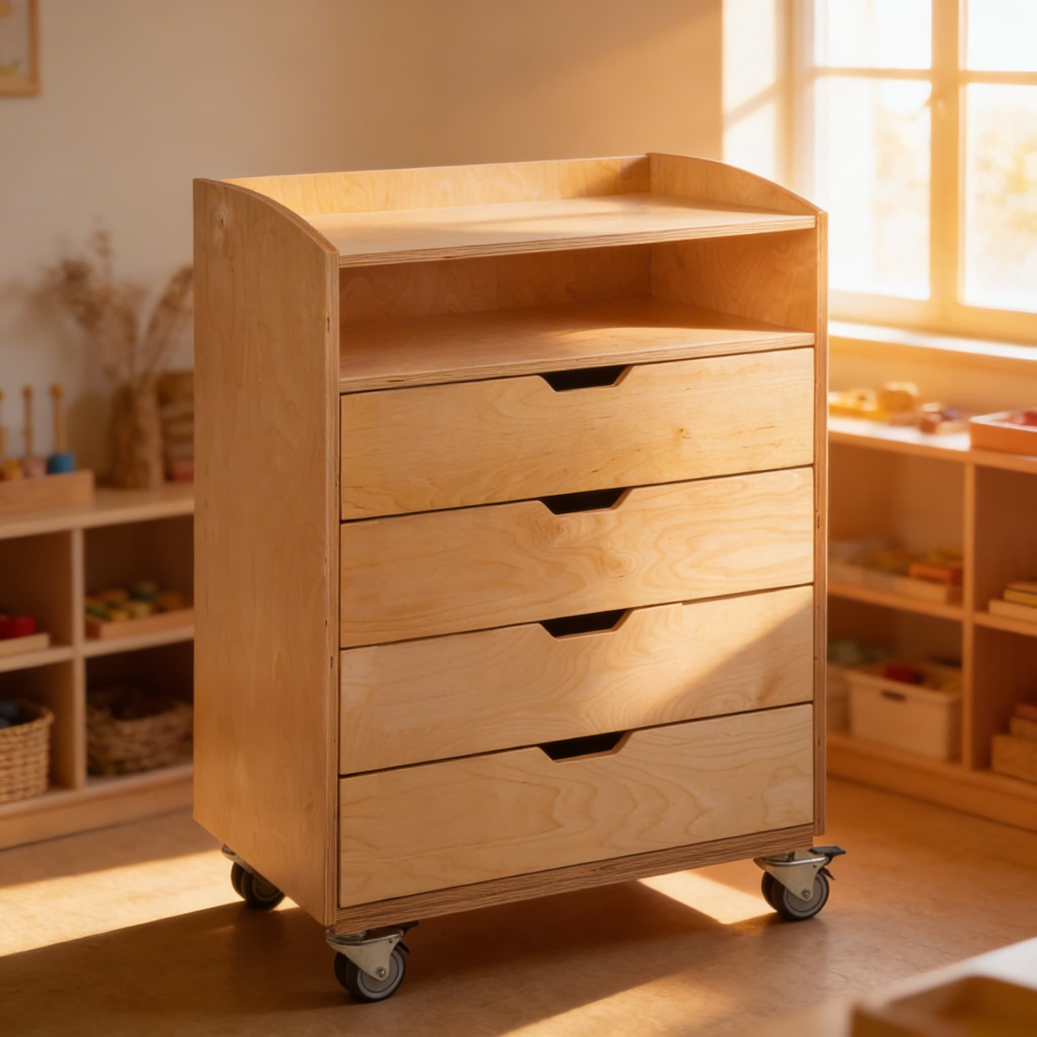 Mobile Englisch-Schrank — 4 Schubladen mit offenem Fach auf Rollen — Im Einsatz