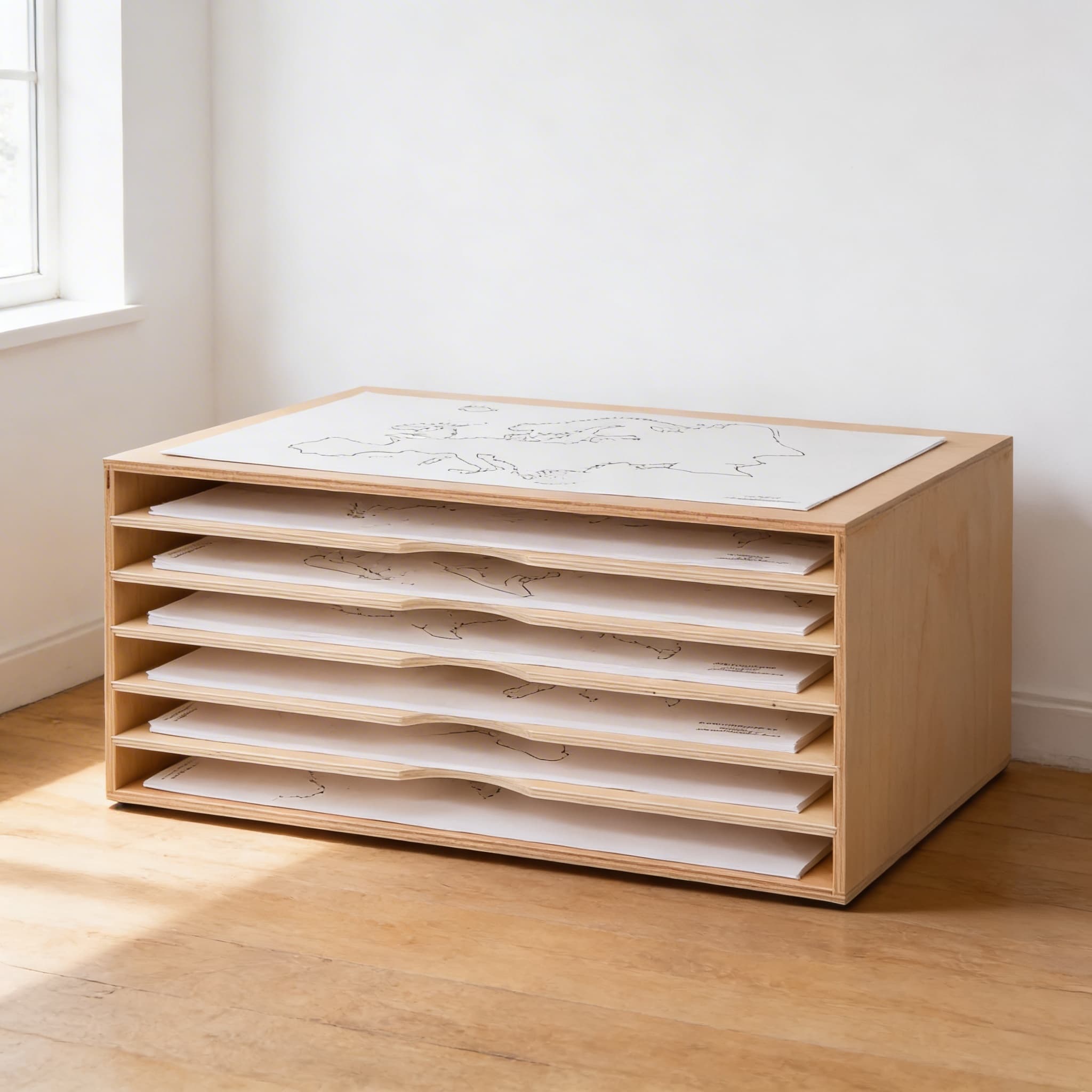 Kartenschrank — Holzschrank für geografische Papiermaterialien — Seitenansicht