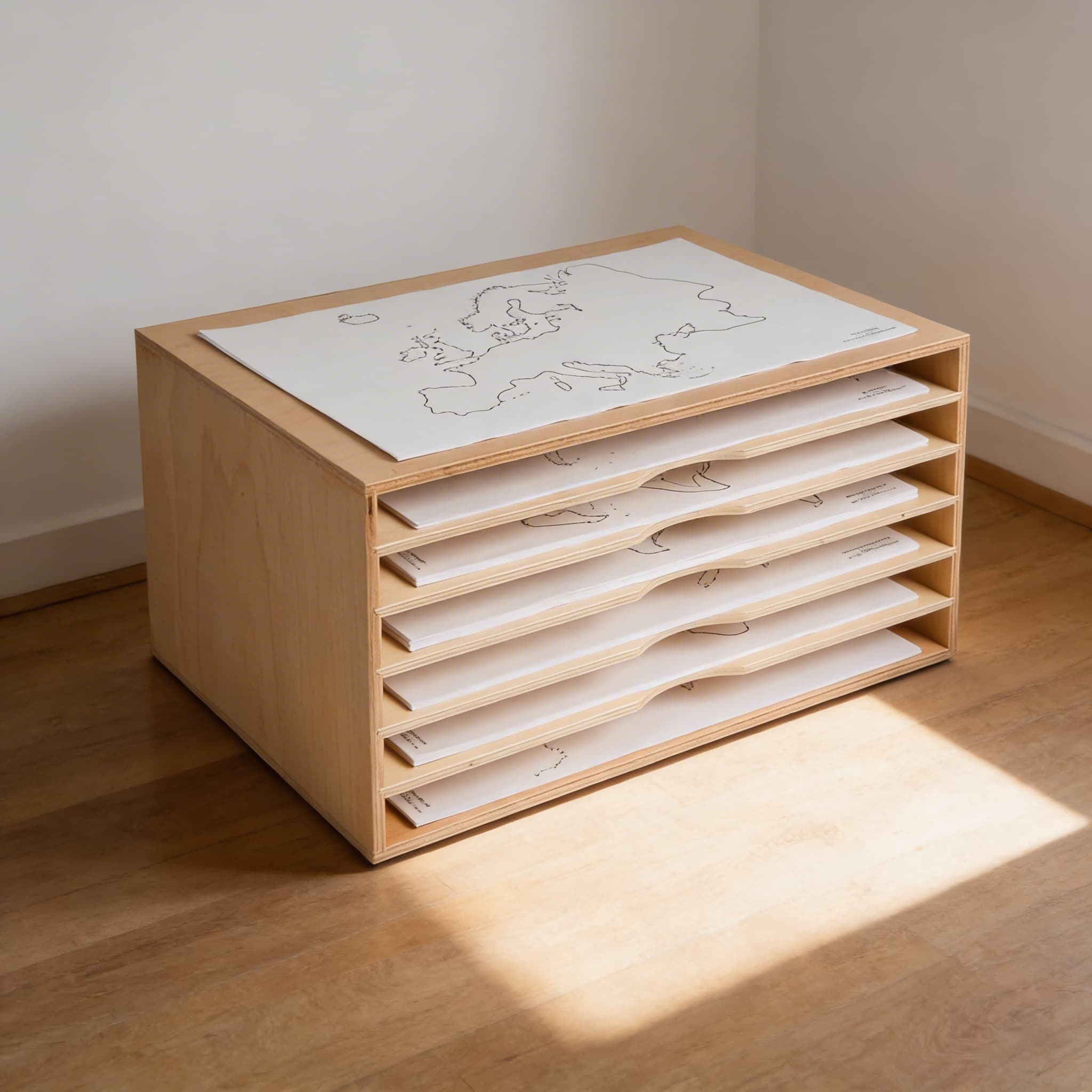 Kartenschrank — Holzschrank für geografische Papiermaterialien — Katalogansicht