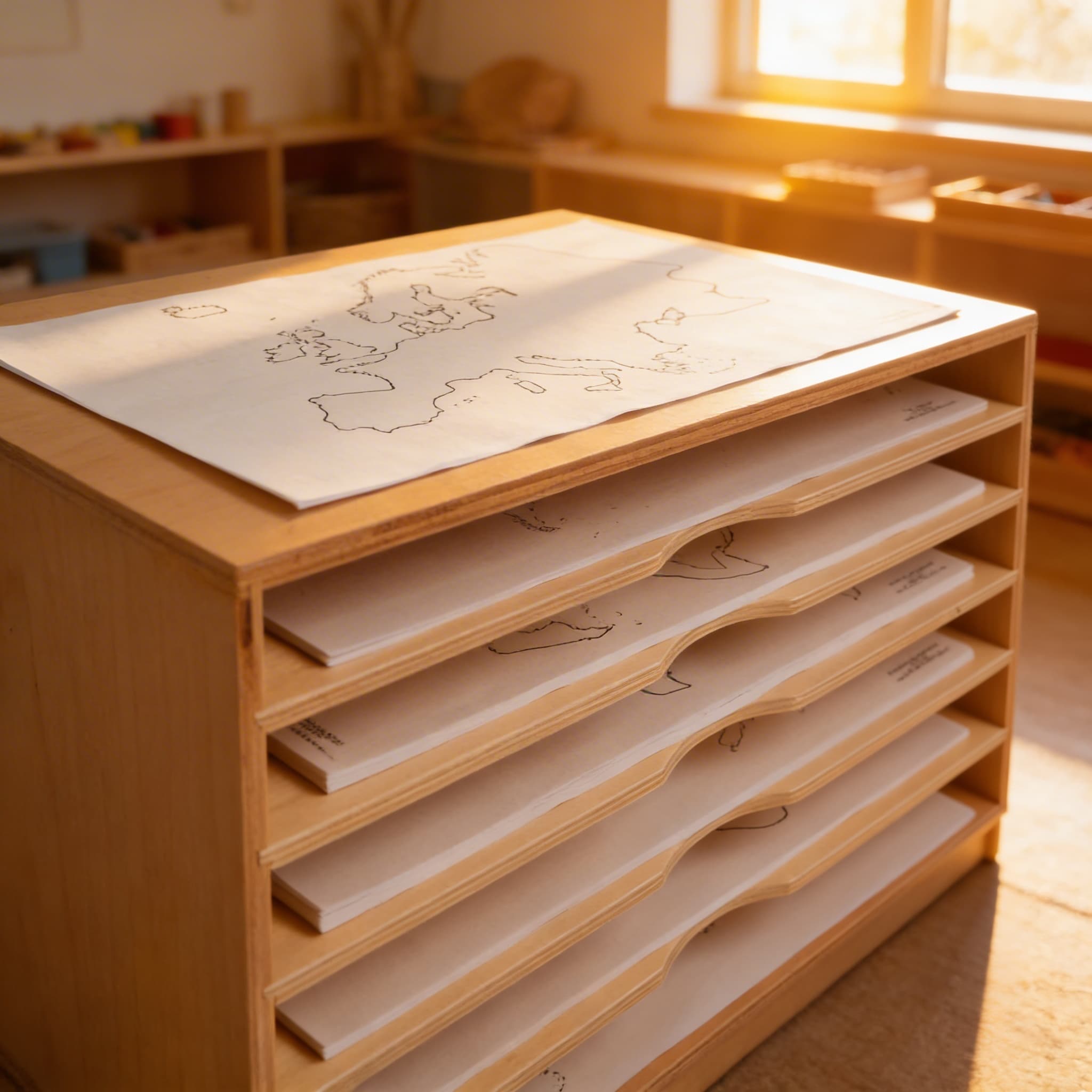 Kartenschrank — Holzschrank für geografische Papiermaterialien — Im Einsatz