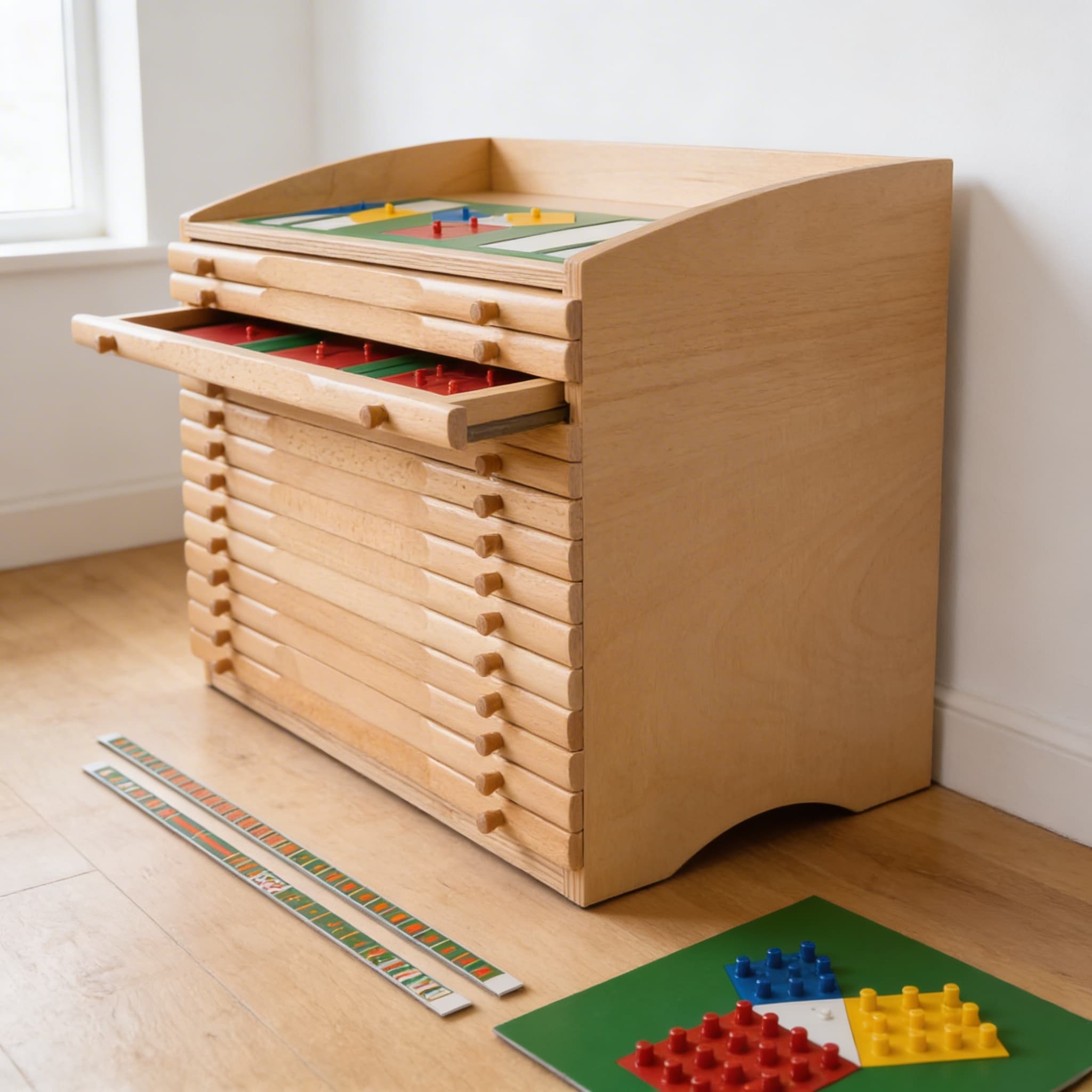 Bruchkasten — Zehn Schubladen mit systematischen Brucheinsätzen — Seitenansicht