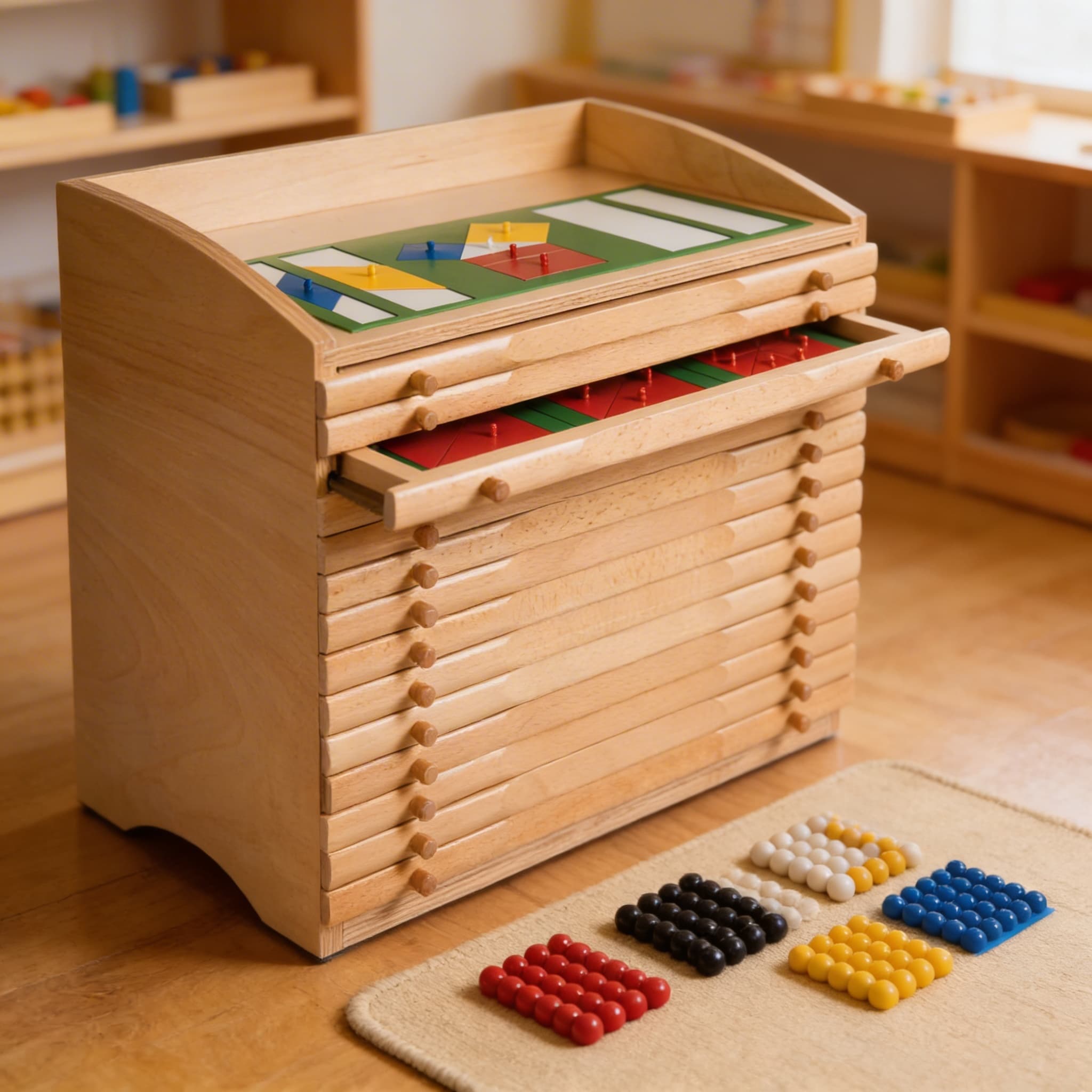 Bruchkasten — Zehn Schubladen mit systematischen Brucheinsätzen — Detailansicht