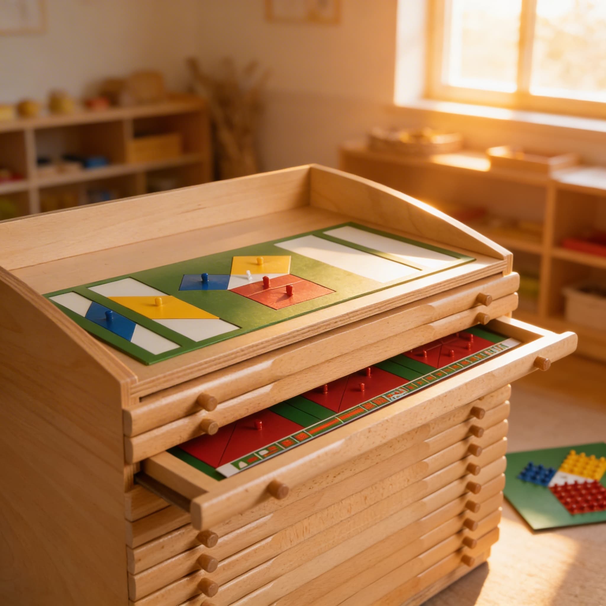 Bruchkasten — Zehn Schubladen mit systematischen Brucheinsätzen — Im Einsatz