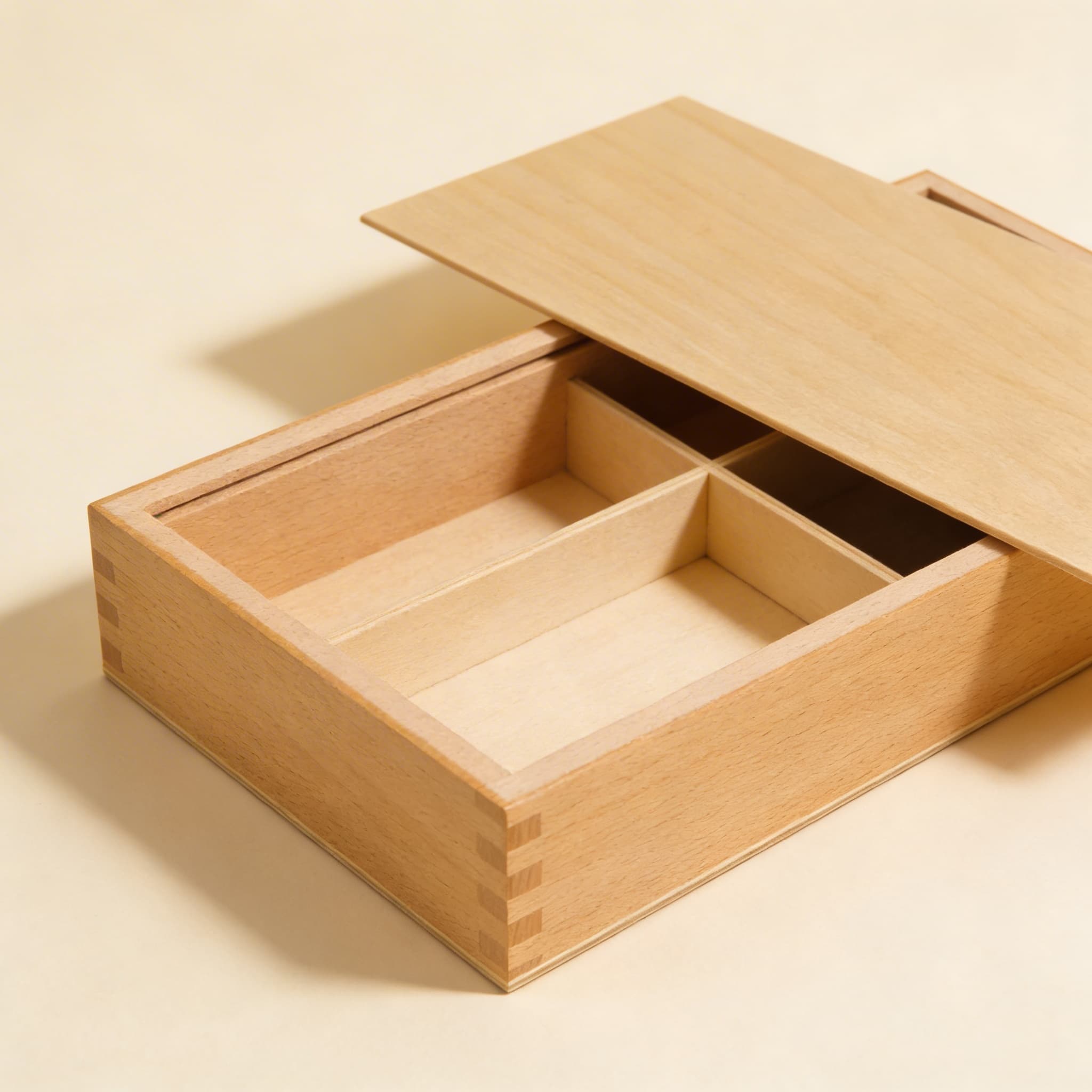 Uhrstempel-Box — Holzaufbewahrung mit Schiebedeckel — Seitenansicht