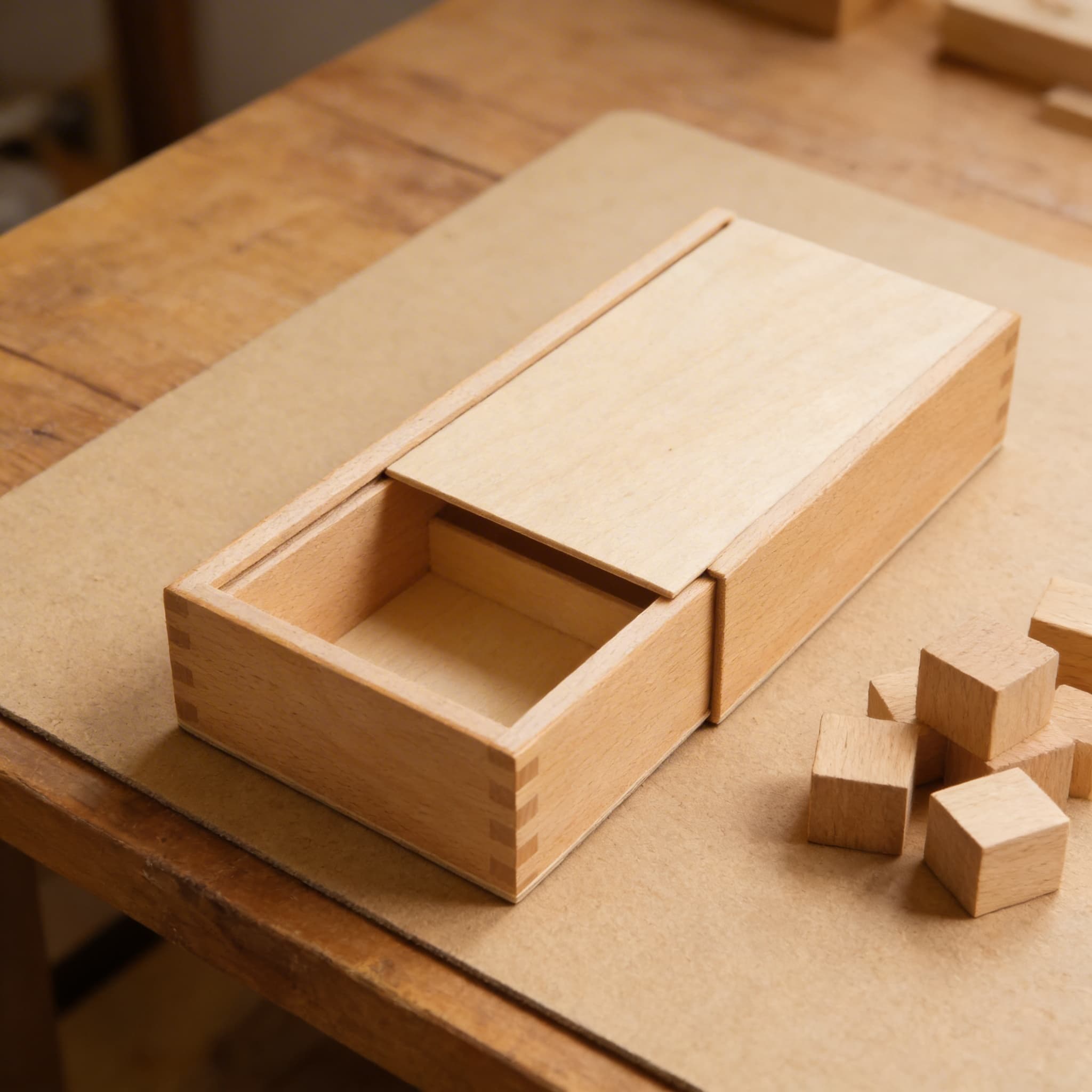 Uhrstempel-Box — Holzaufbewahrung mit Schiebedeckel — Detailansicht